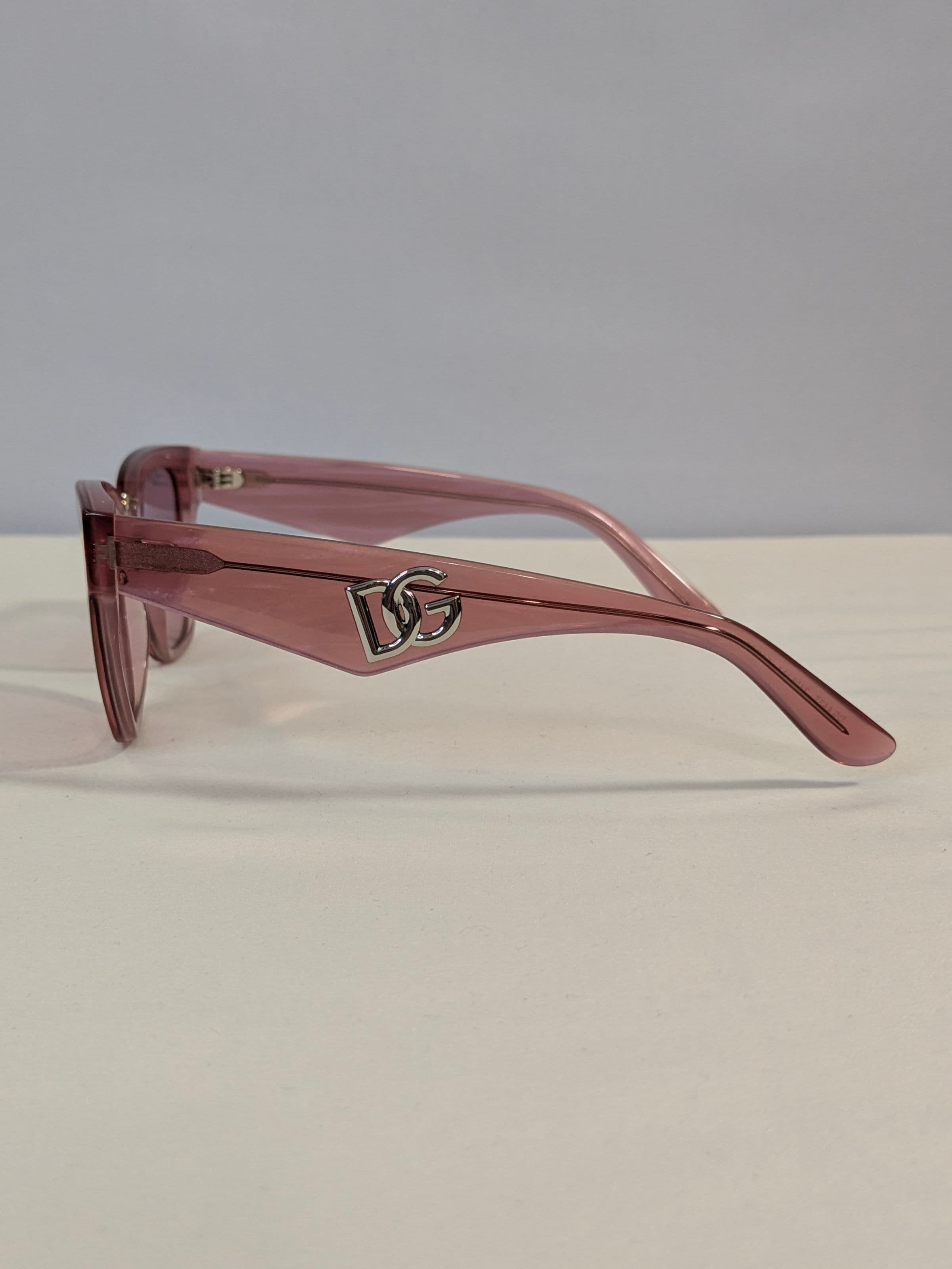 Dolce & Gabbana Transparent Pink Cat-Eye Sunglasses with Pink Tinted Lenses and Silver DG Logo Temples - Thumbnail 4