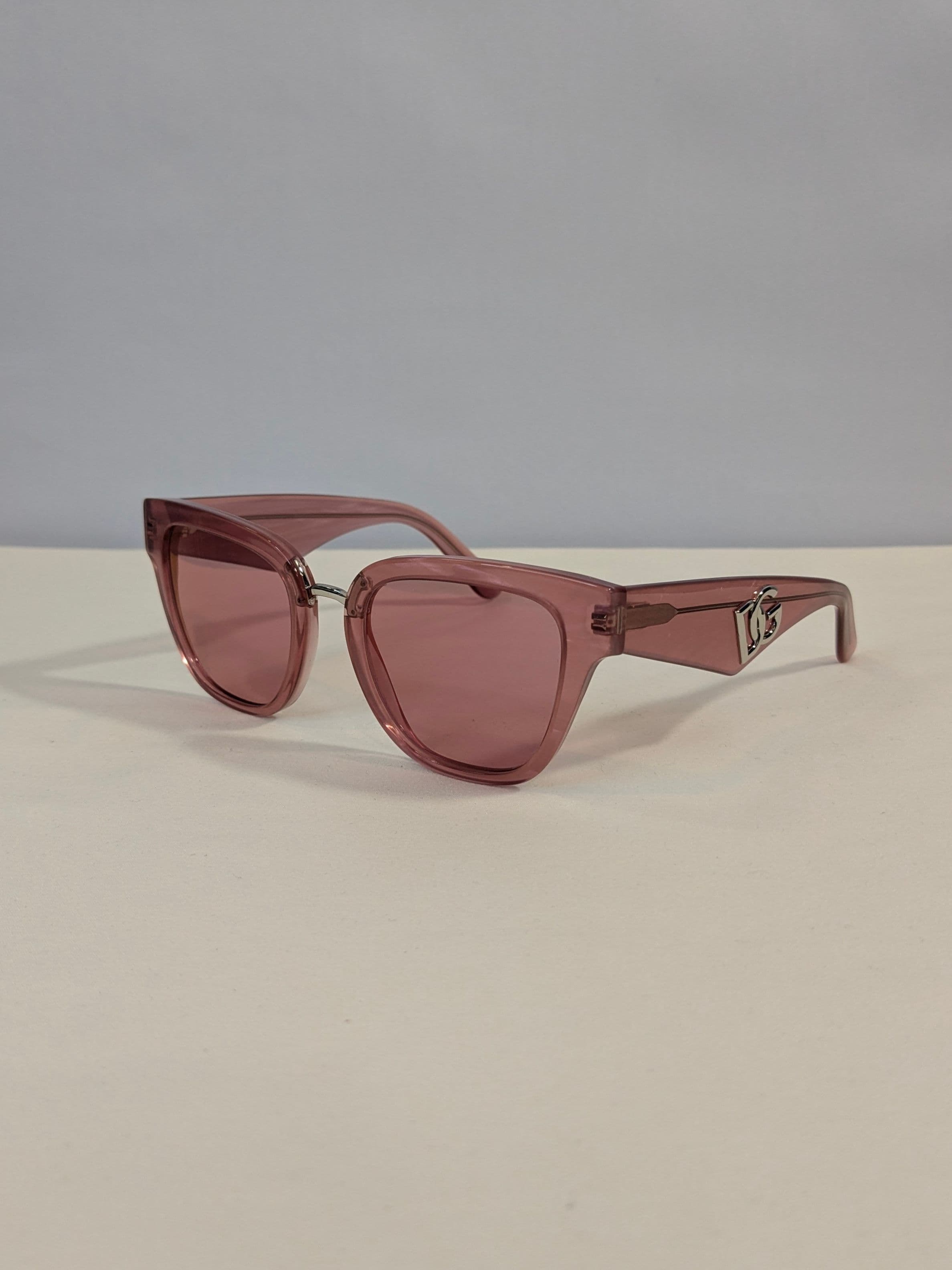 Dolce & Gabbana Transparent Pink Cat-Eye Sunglasses with Pink Tinted Lenses and Silver DG Logo Temples - Thumbnail 3