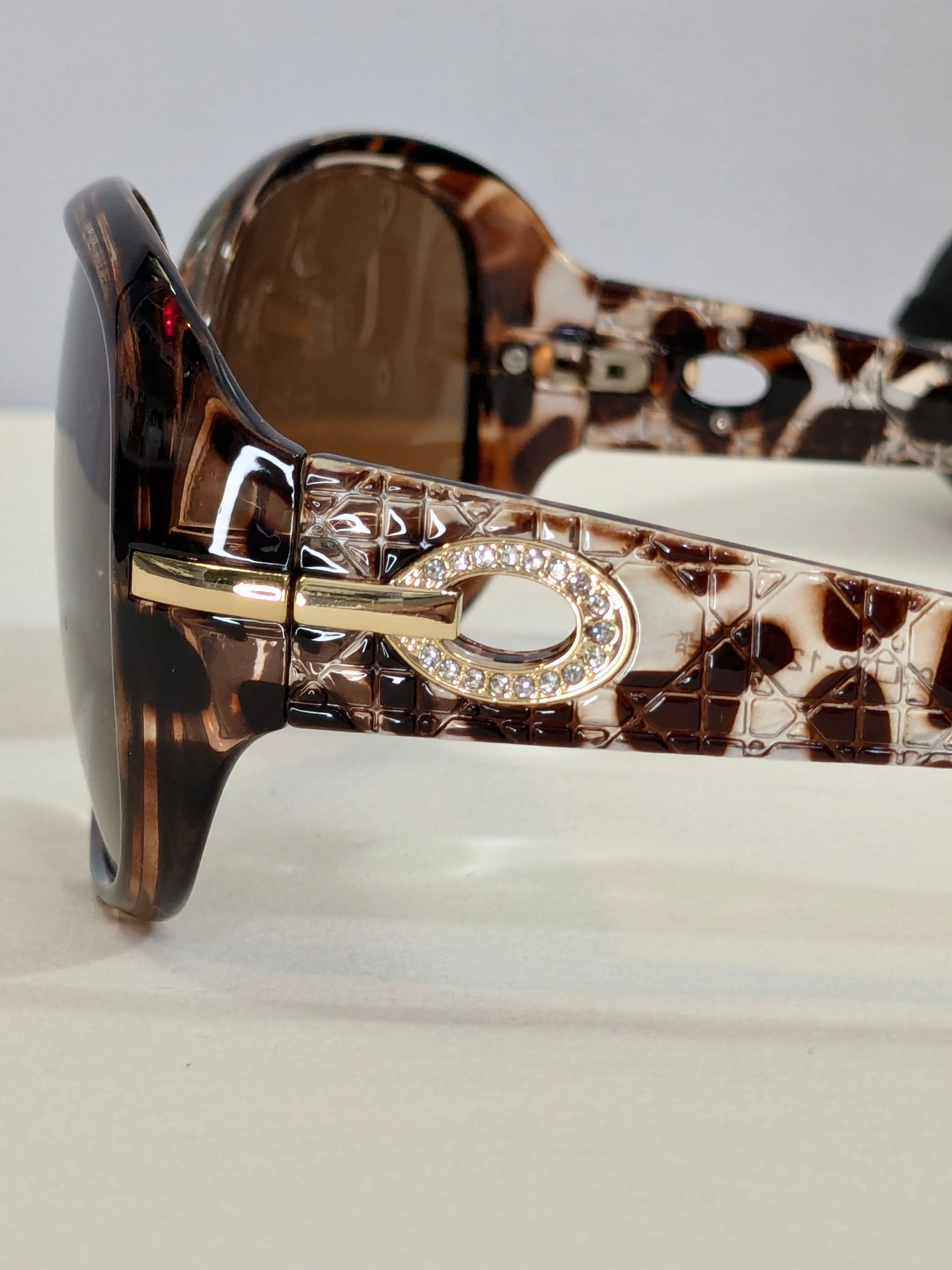Brown Tortoise Oversized Square Fashion Sunglasses with Jeweled Accent - Thumbnail 4