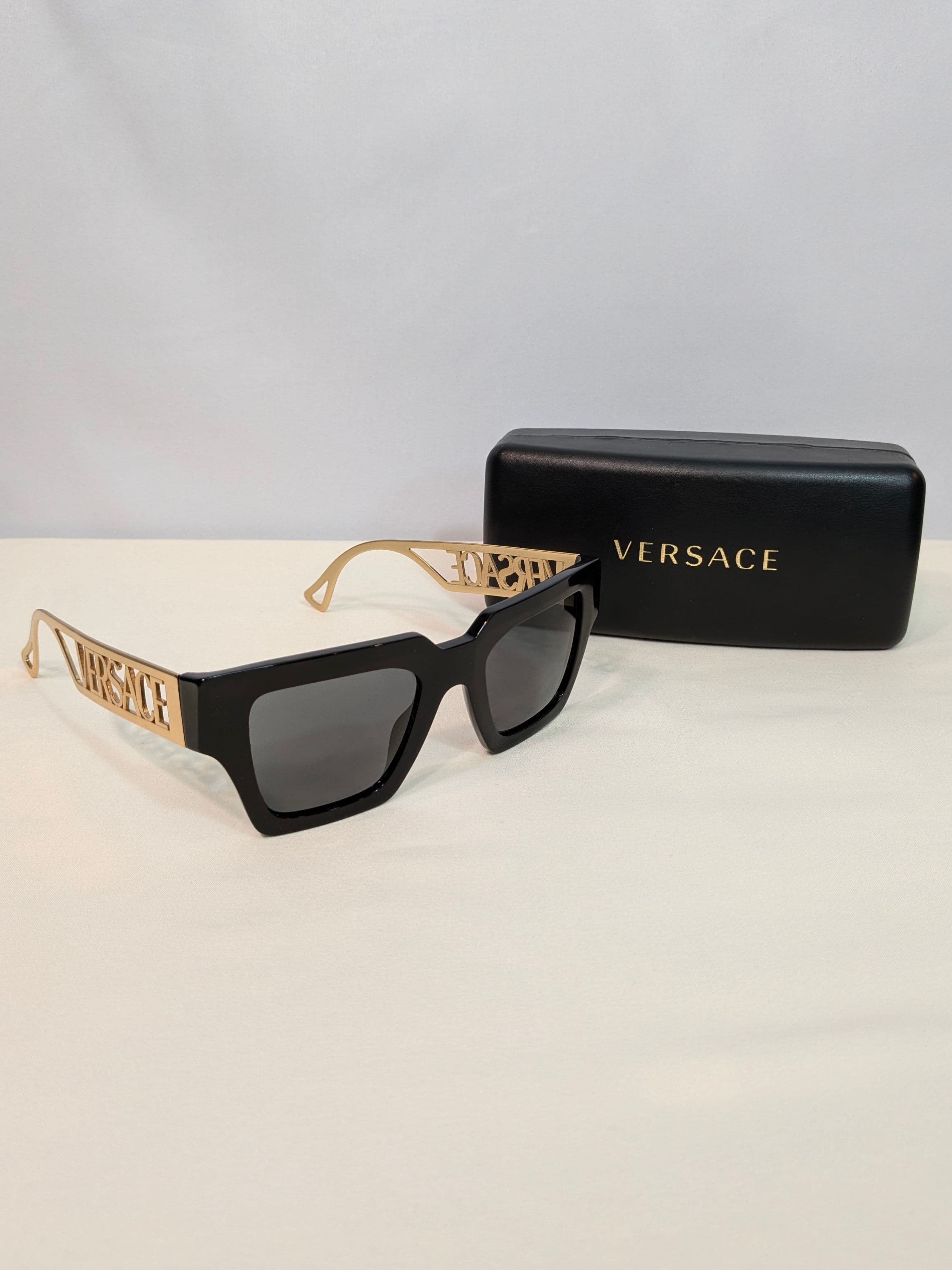 Versace Oversized Square Black & Gold Logo Statement Sunglasses