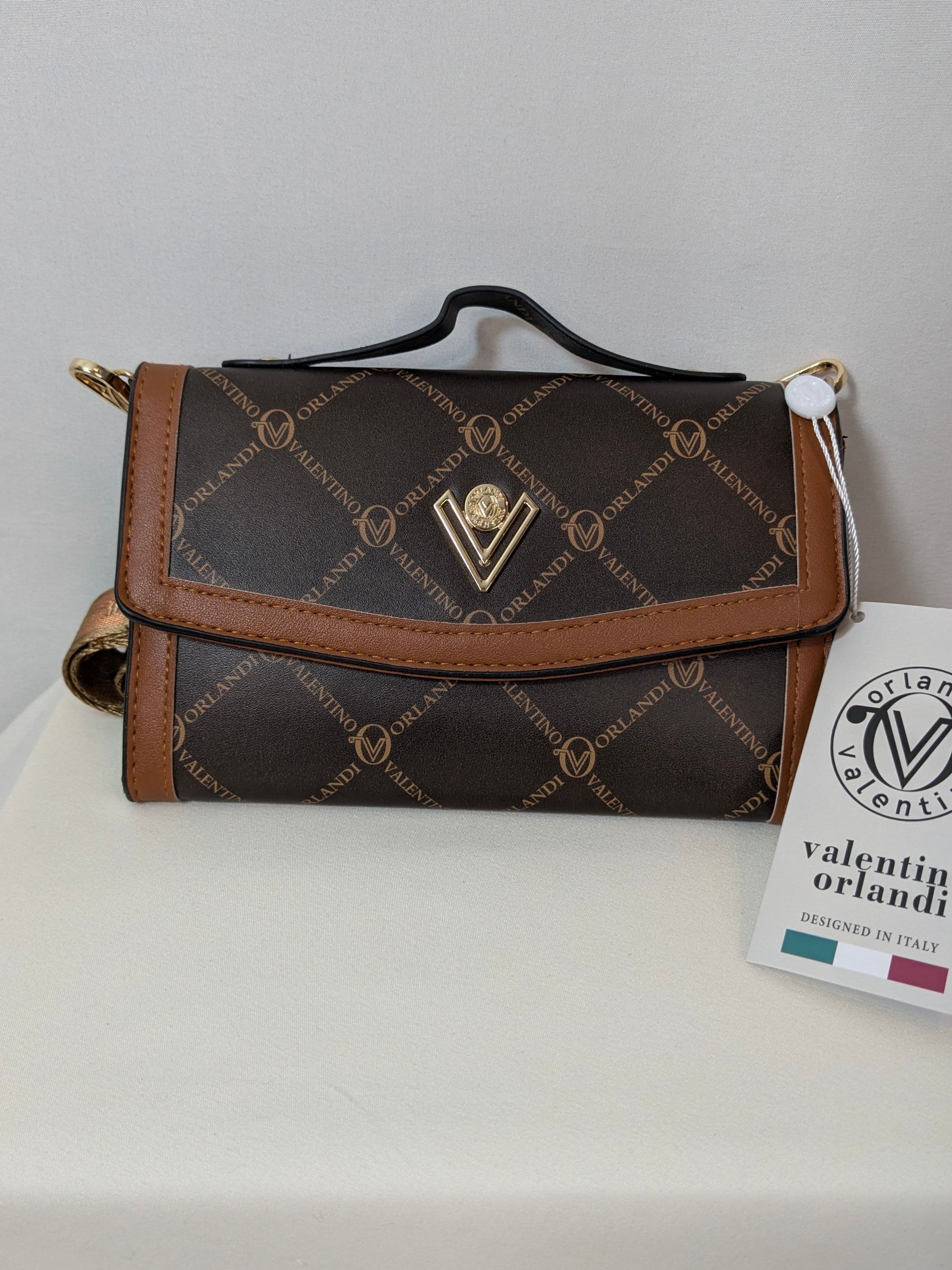 Valentino Orlandi Brown Logo Mini Crossbody Bag with Top Handle & Gold Hardware