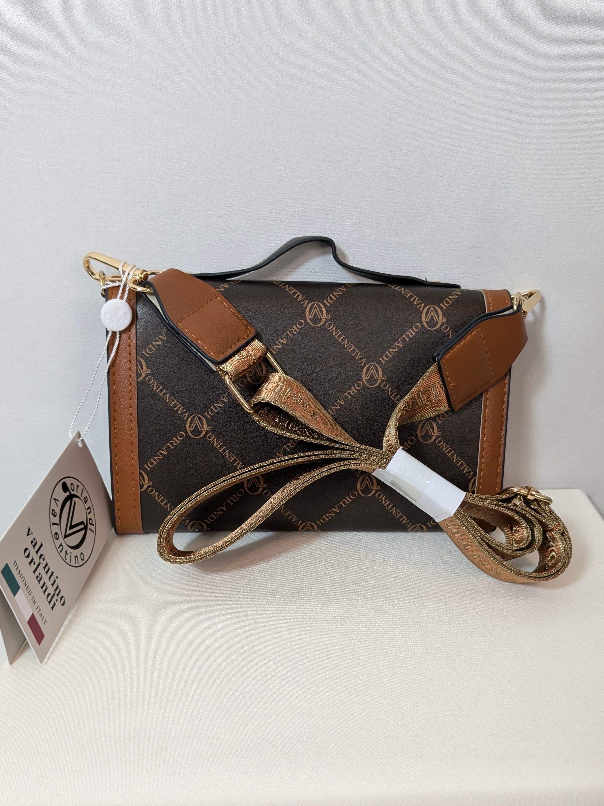 Valentino Orlandi Brown Logo Mini Crossbody Bag with Top Handle & Gold Hardware - Thumbnail 2