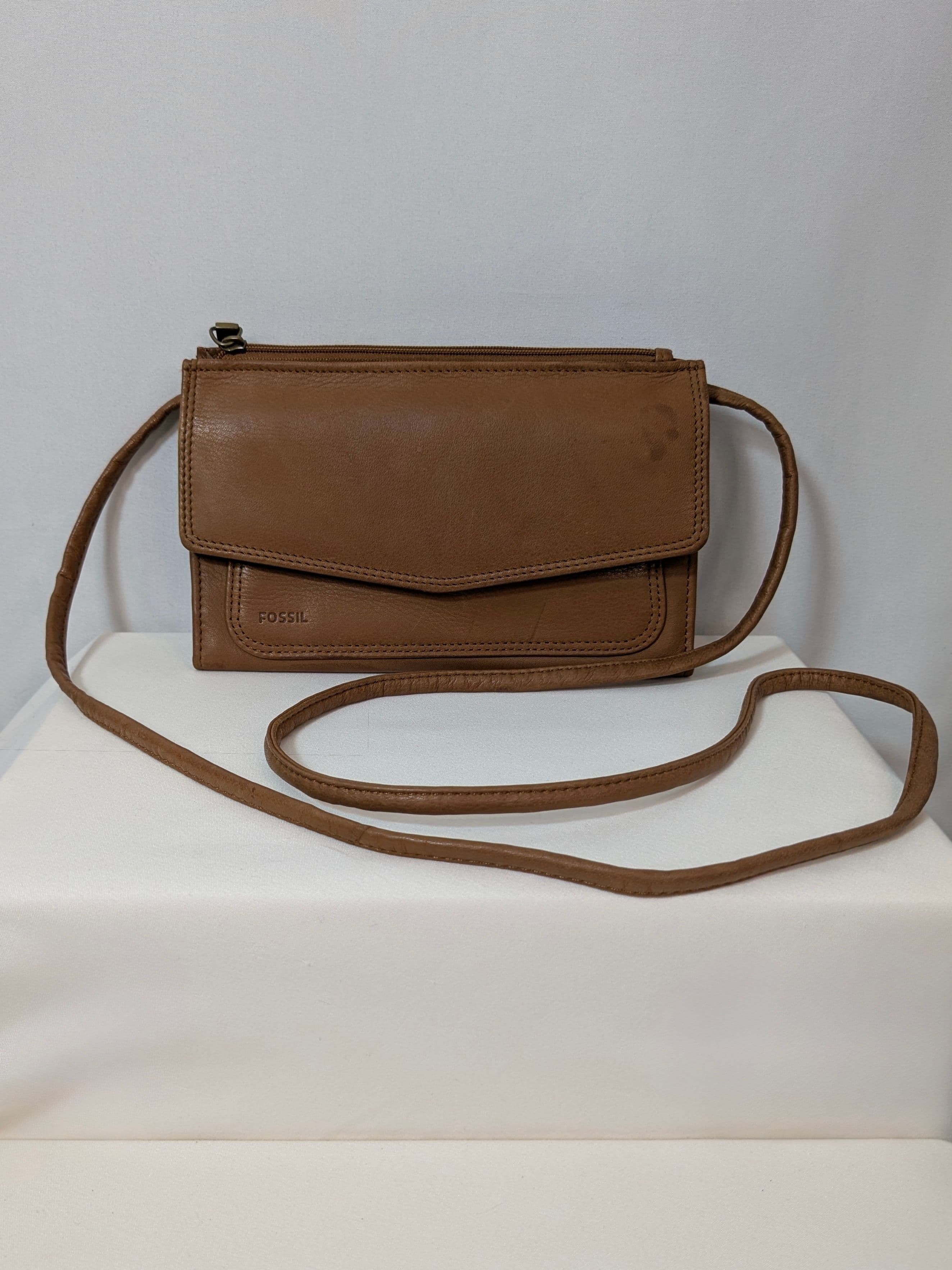 Fossil Brown Leather Wallet-on-Chain Crossbody | Genuine Leather | Everyday Versatile Bag