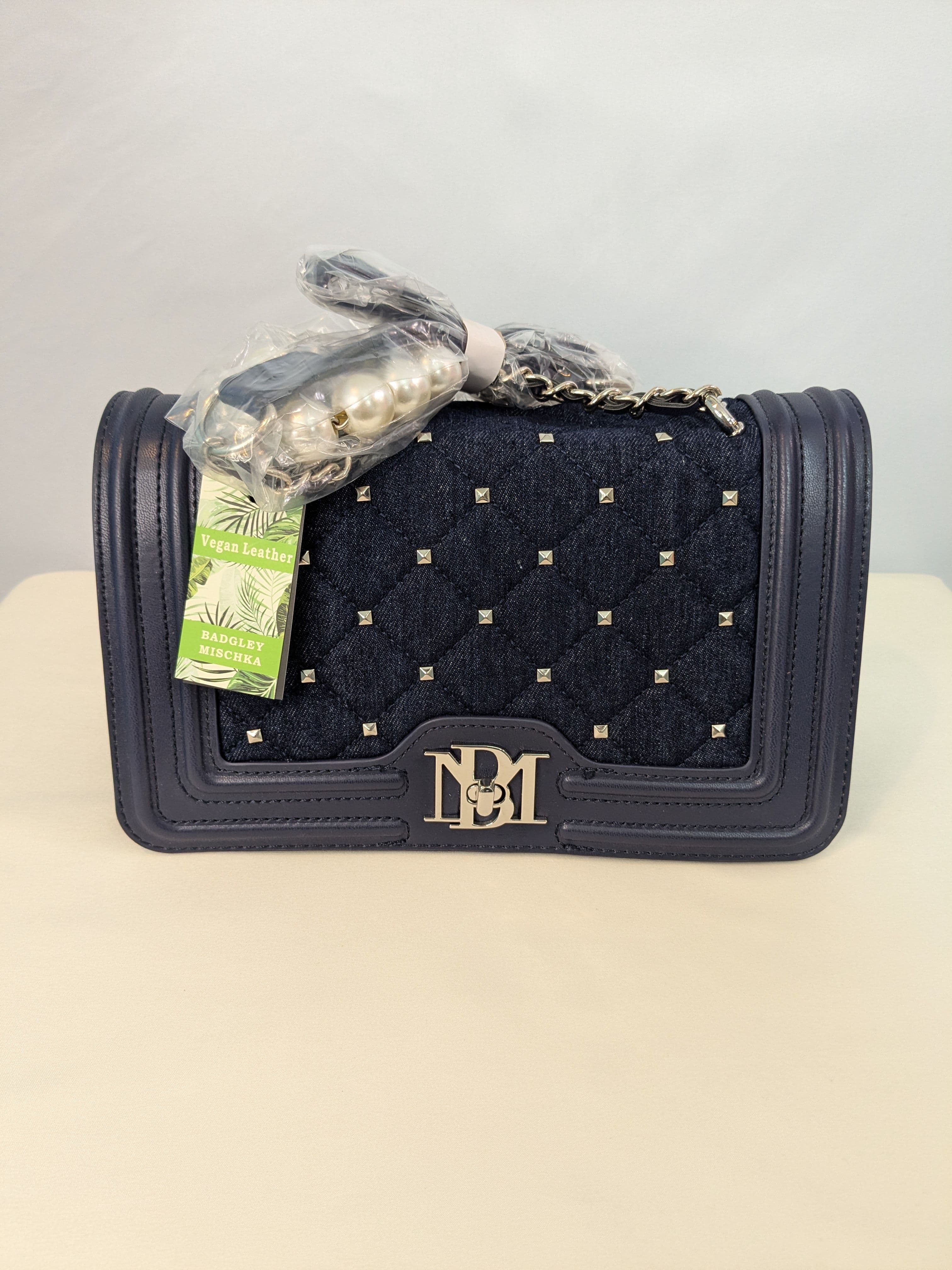 NWT Badgley Mischka Studded Denim Purse W/Pearled And Chain Strap