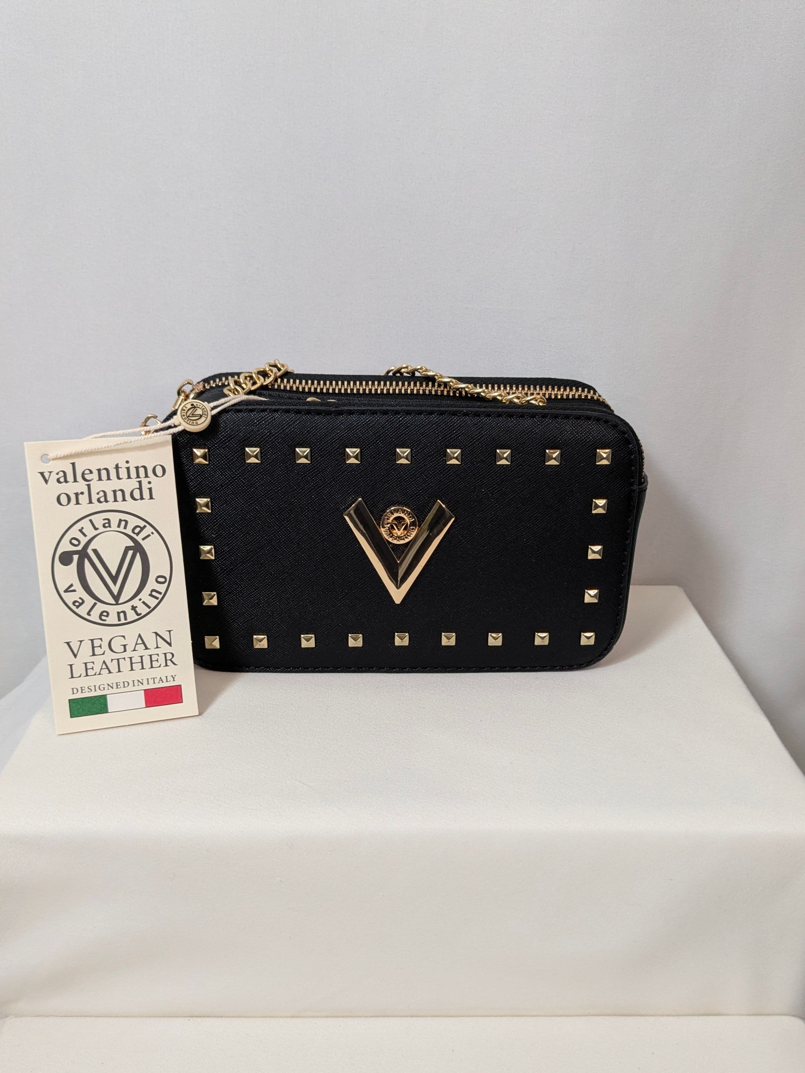 Valentino Orlandi Black Studded Camera Crossbody Bag with Gold Chain – Vegan Leather – NWT