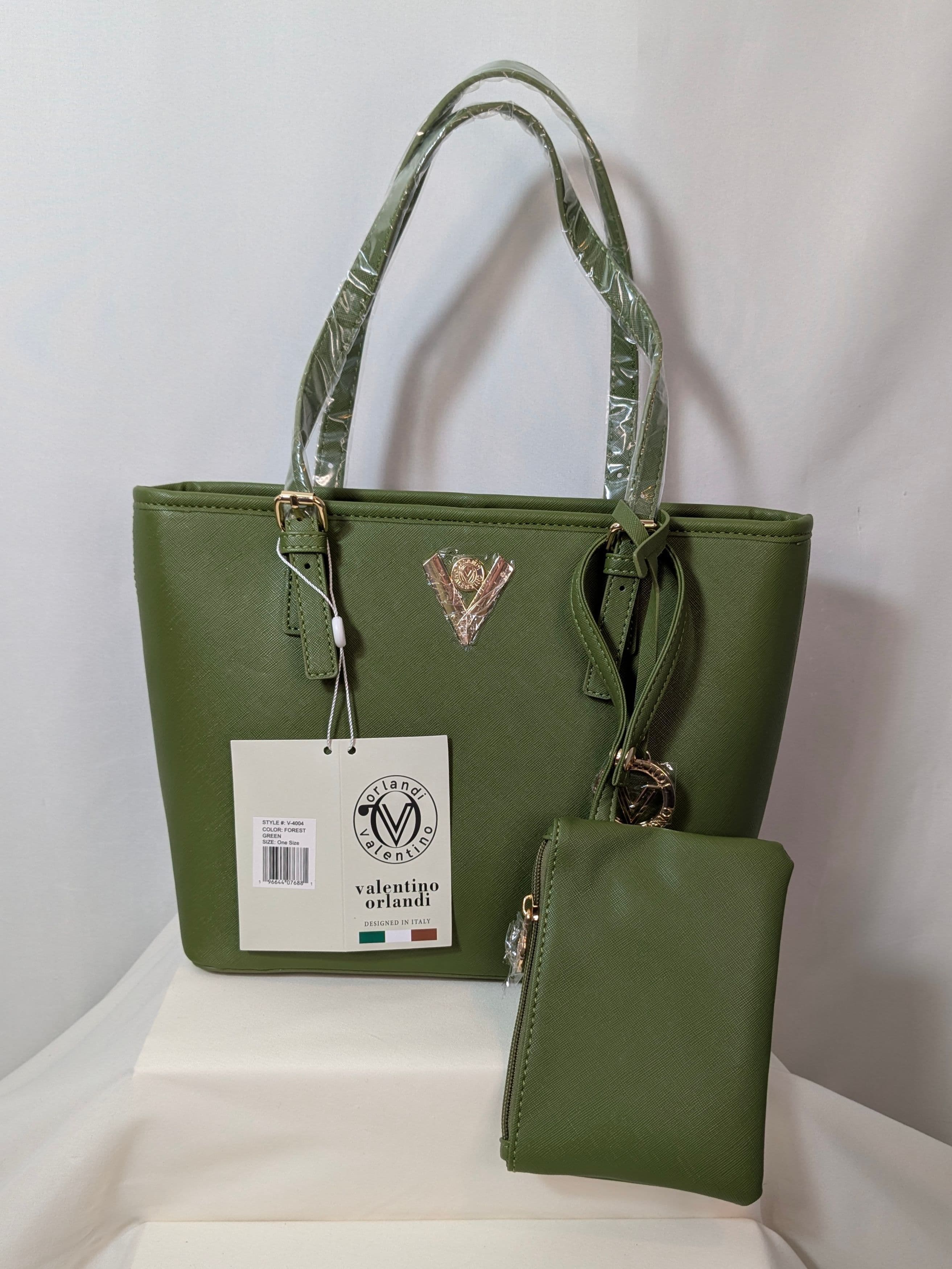 Valentino Orlandi Forest Green Structured Tote with Matching Pouch — NWT