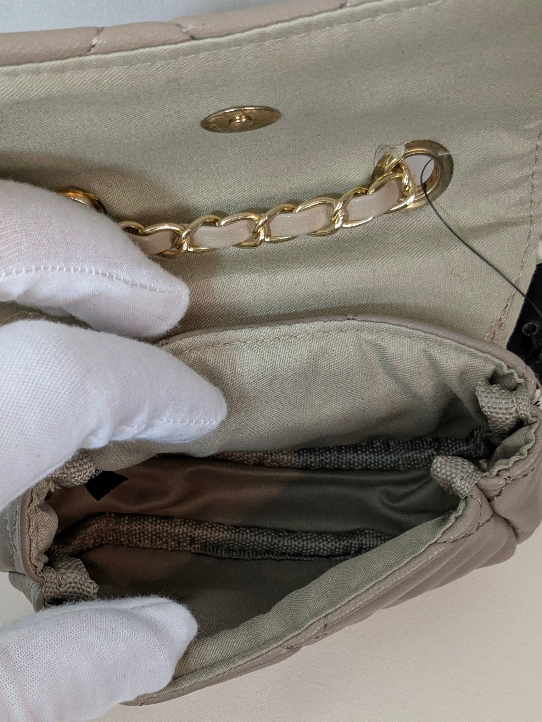 Badgley Mischka Quilted Mini Flap Bag in Taupe with Gold Chain Strap - Thumbnail 3