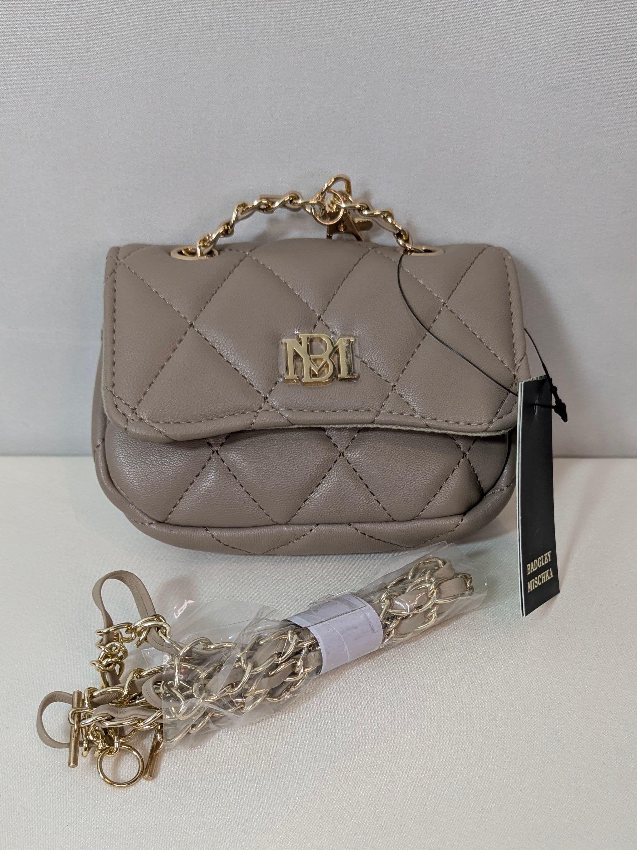 Badgley Mischka Quilted Mini Flap Bag in Taupe with Gold Chain Strap - Thumbnail 4