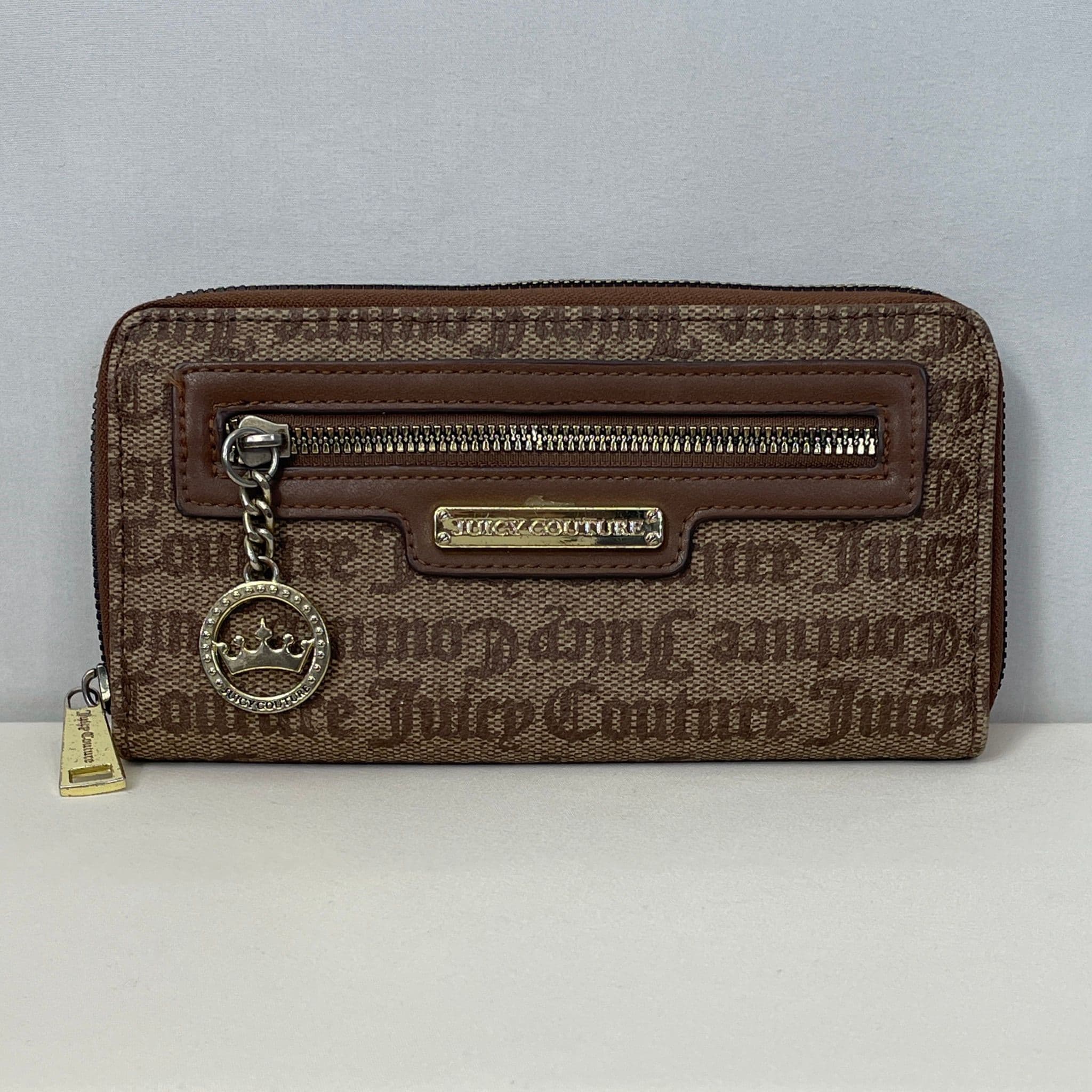 Juicy Couture Brown Monogram Zip-Around Wallet with Crown Charm & Front Zip Pocket UI I