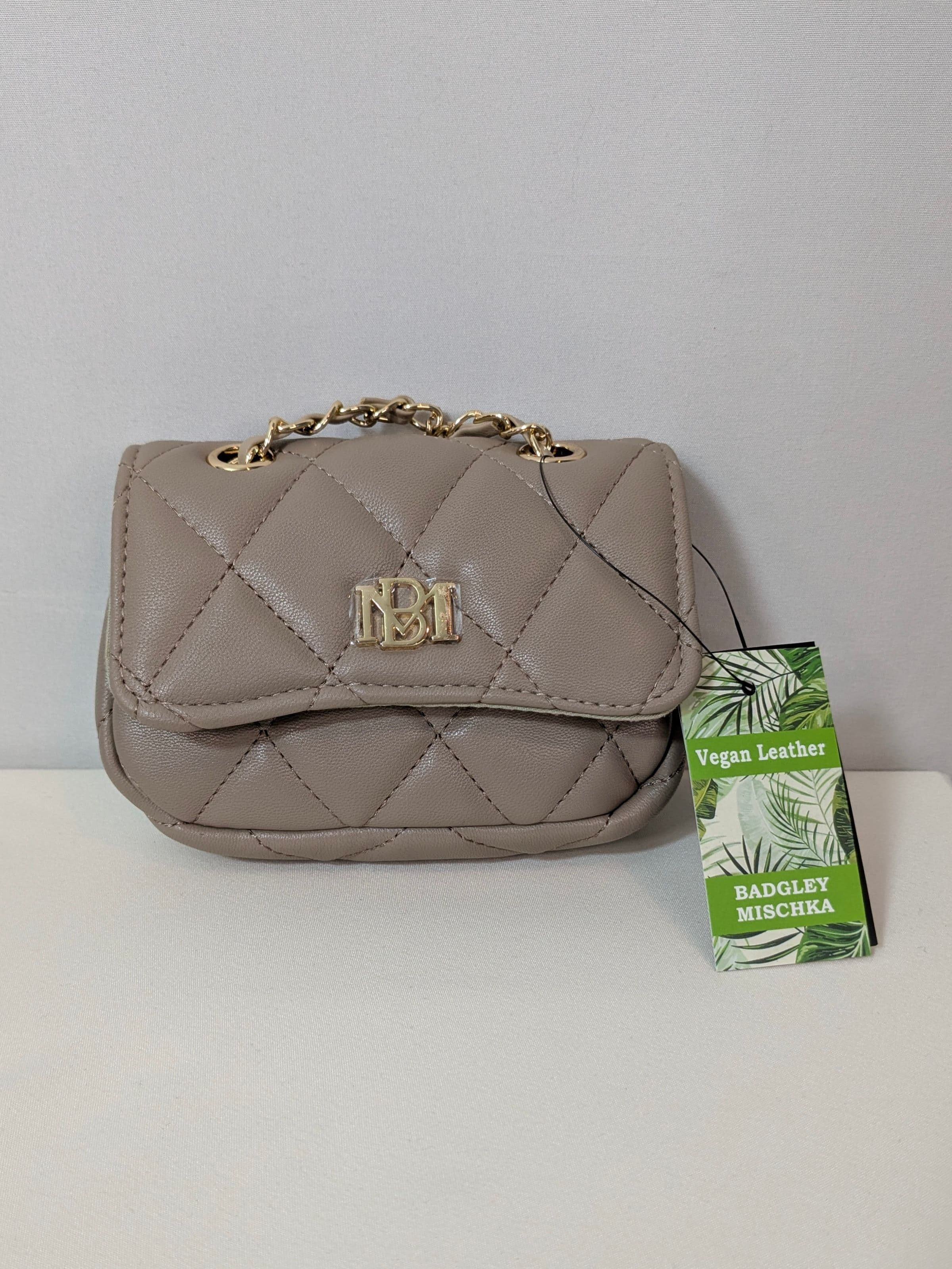 Badgley Mischka Quilted Mini Flap Bag in Taupe with Gold Chain Strap