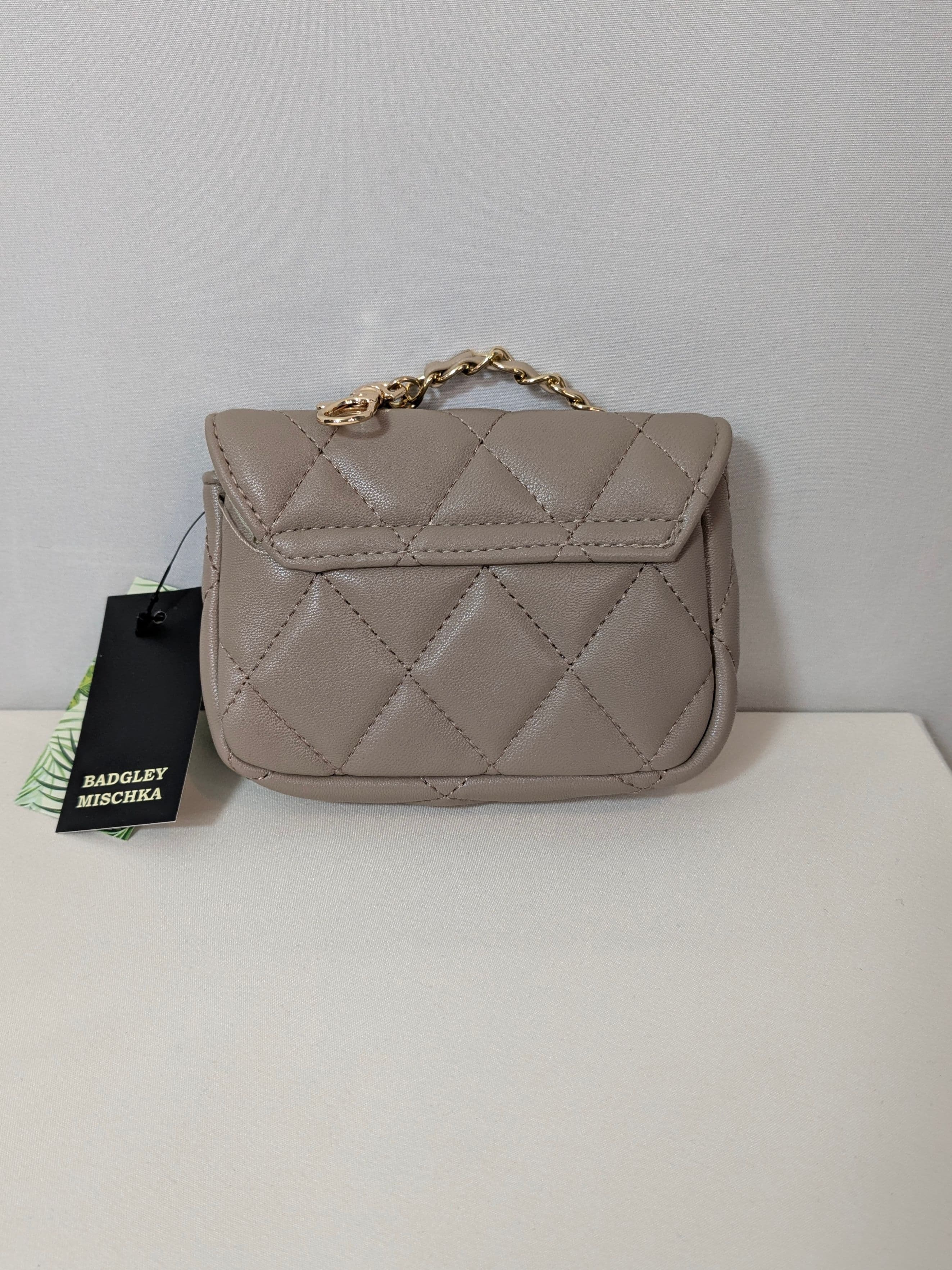 Badgley Mischka Quilted Mini Flap Bag in Taupe with Gold Chain Strap - Thumbnail 2