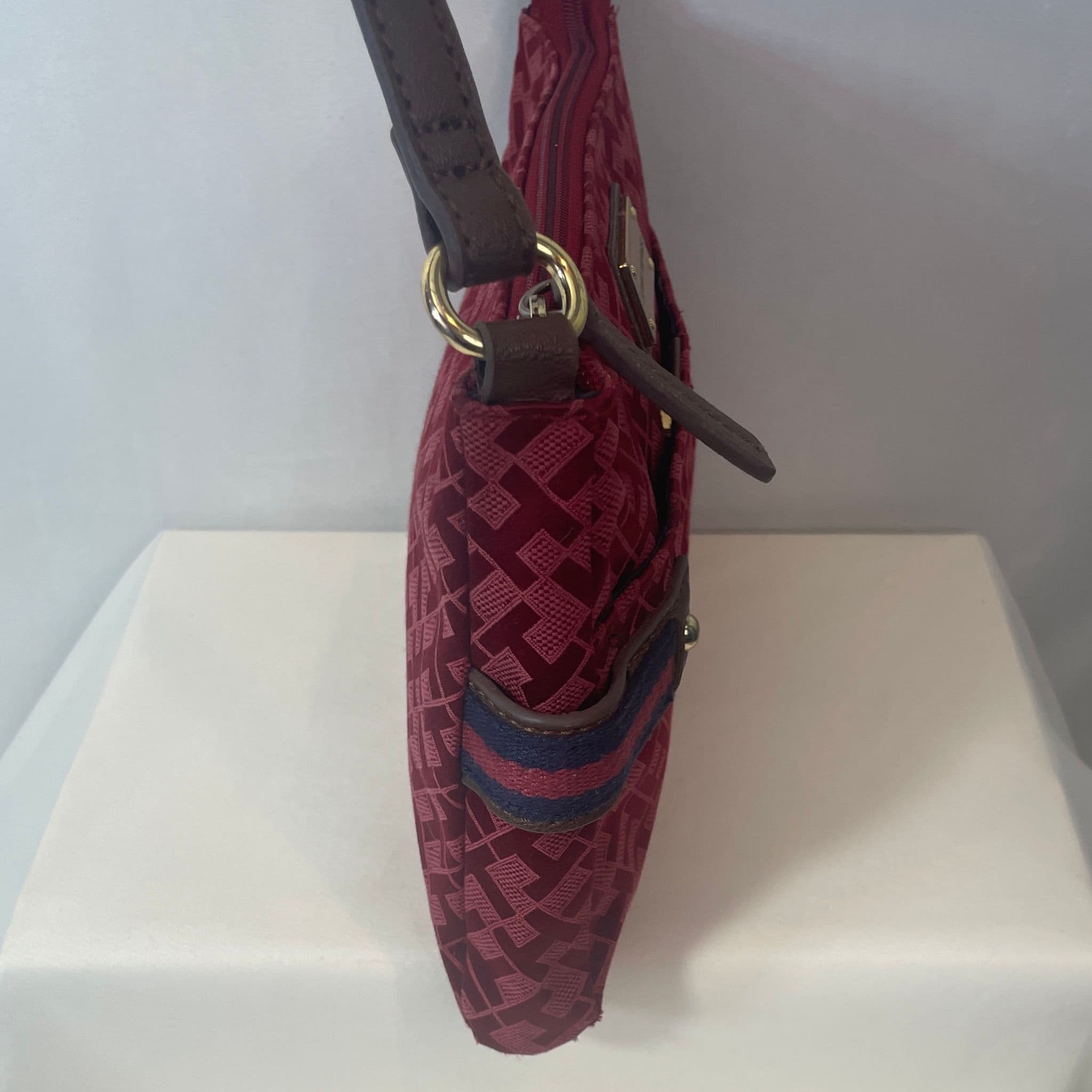 Tommy Hilfiger Red Monogram Small Crossbody Bag with Brown Trim - Thumbnail 4