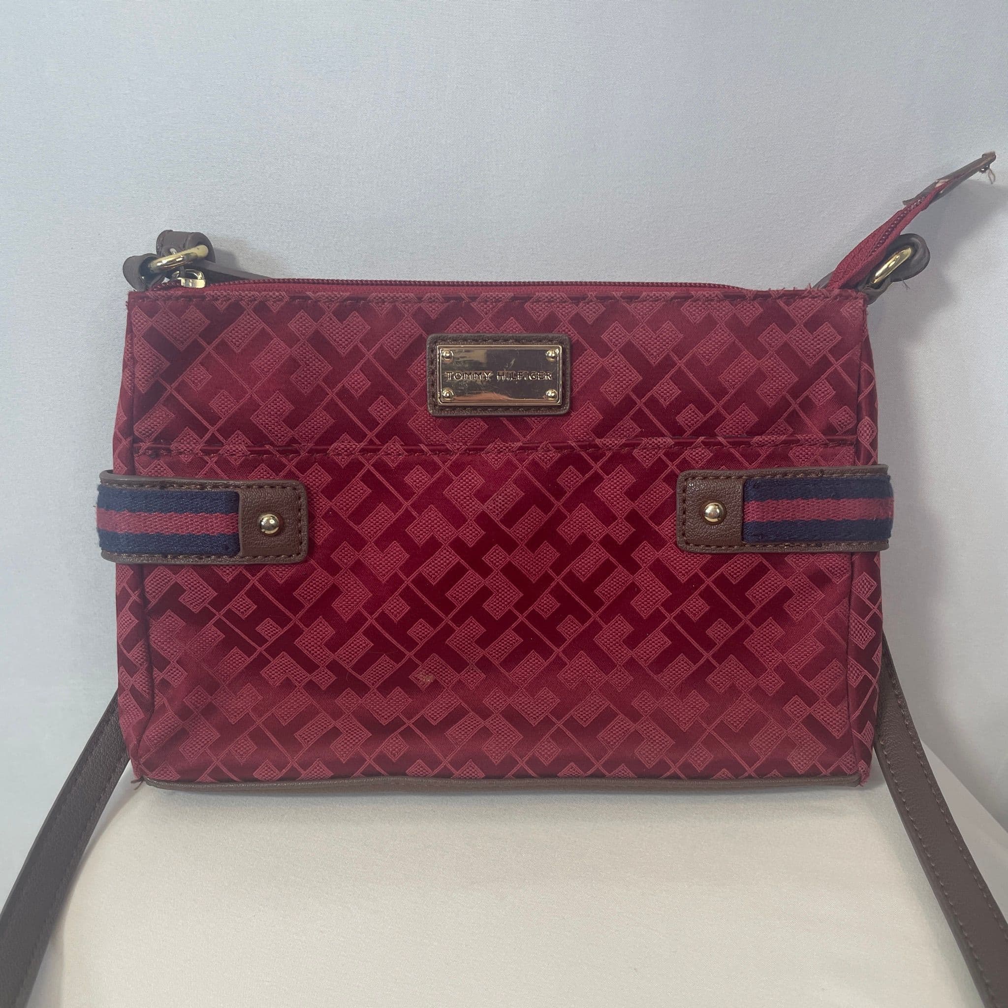 Tommy Hilfiger Red Monogram Small Crossbody Bag with Brown Trim