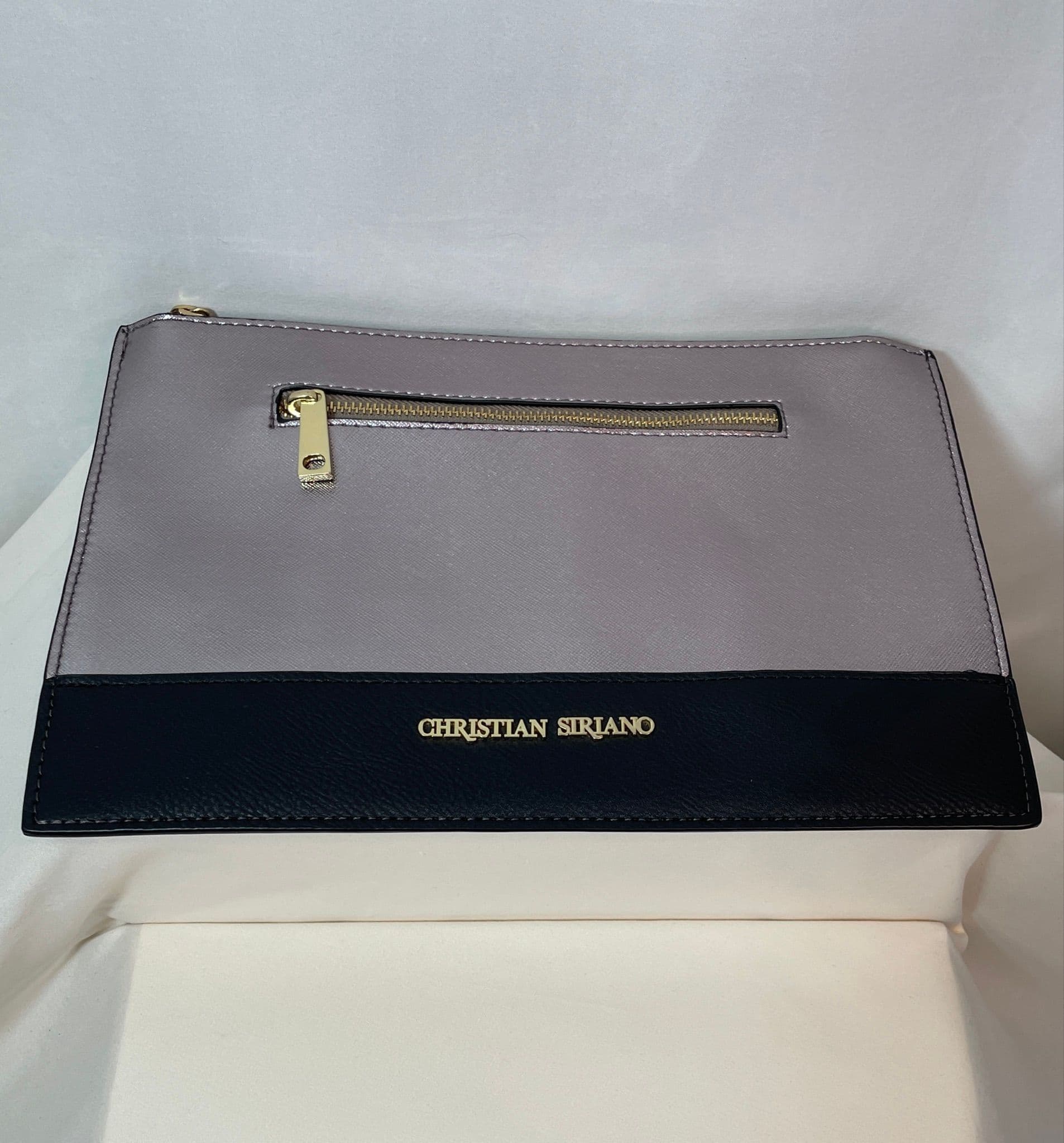 Christian Siriano Metallic Mauve & Black Oversized Zip Clutch / Cosmetics Bag — Gold Interior - Thumbnail 5