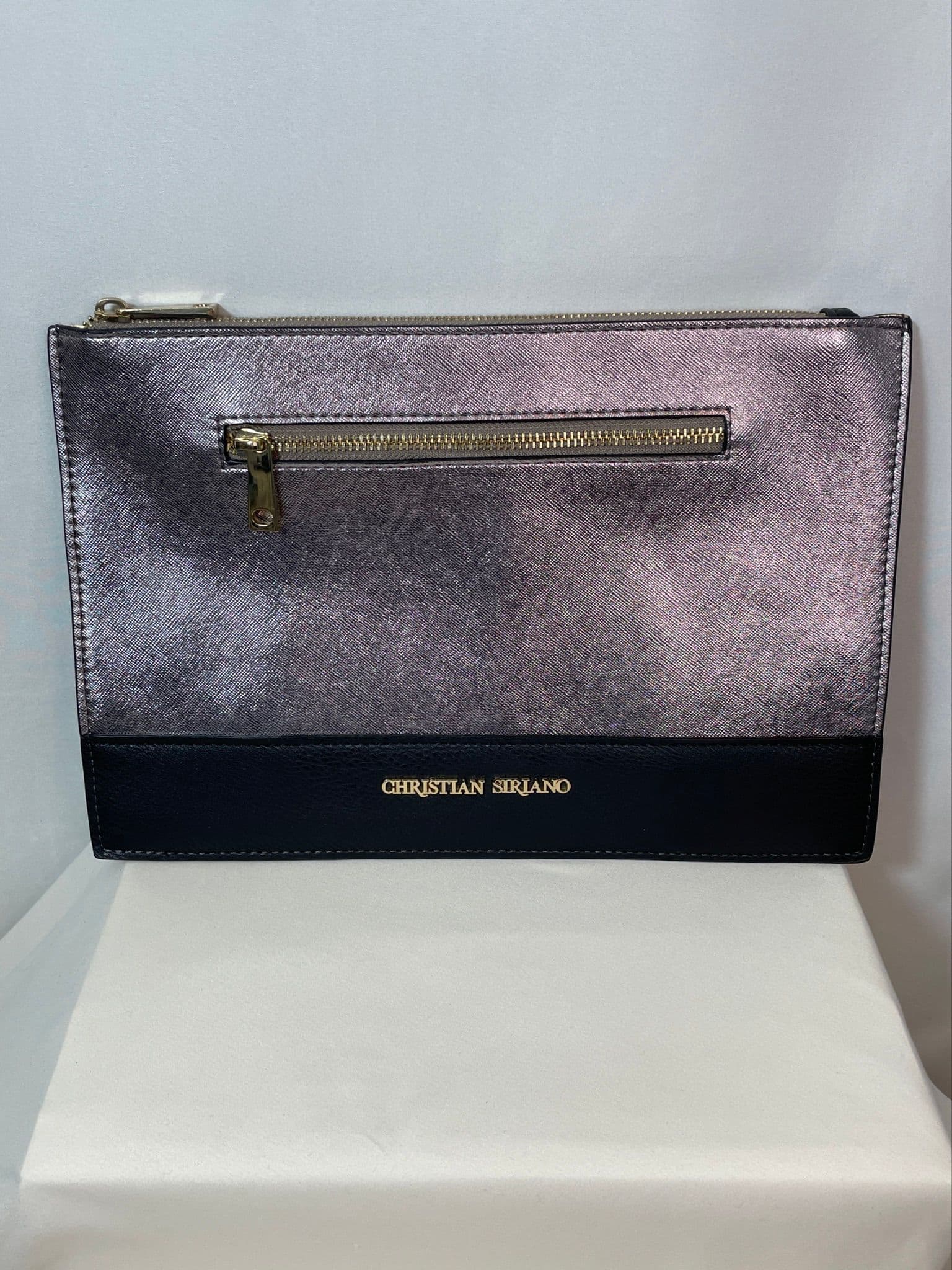 Christian Siriano Metallic Mauve & Black Oversized Zip Clutch / Cosmetics Bag — Gold Interior