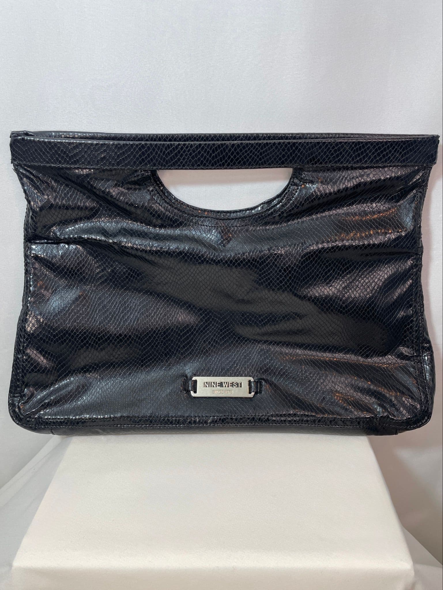 Nine West Black Faux Snakeskin Oversized Clutch w/Cutout Handle