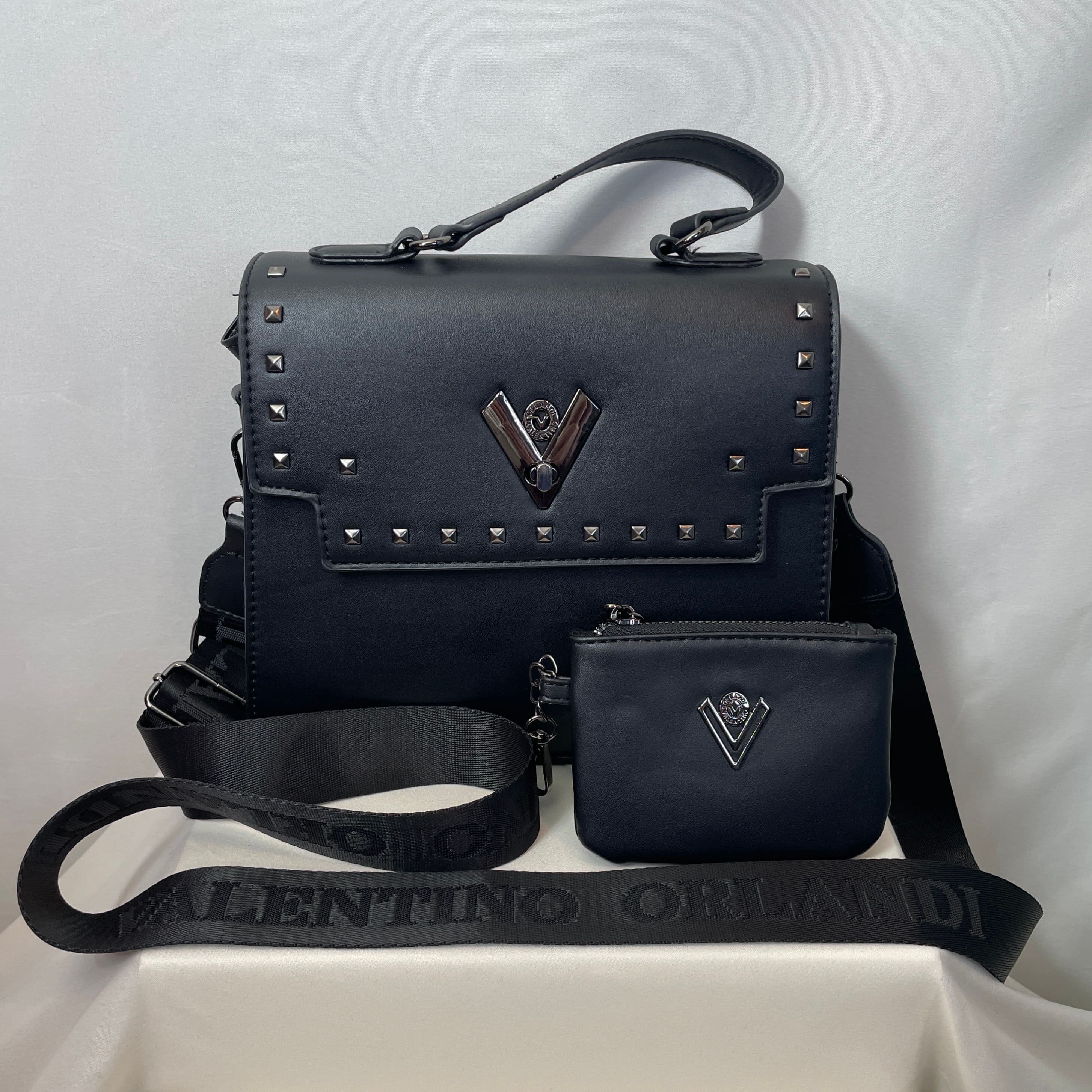 Valentino Orlandi Black Studded Crossbody Handbag Bag + Coin Pouch