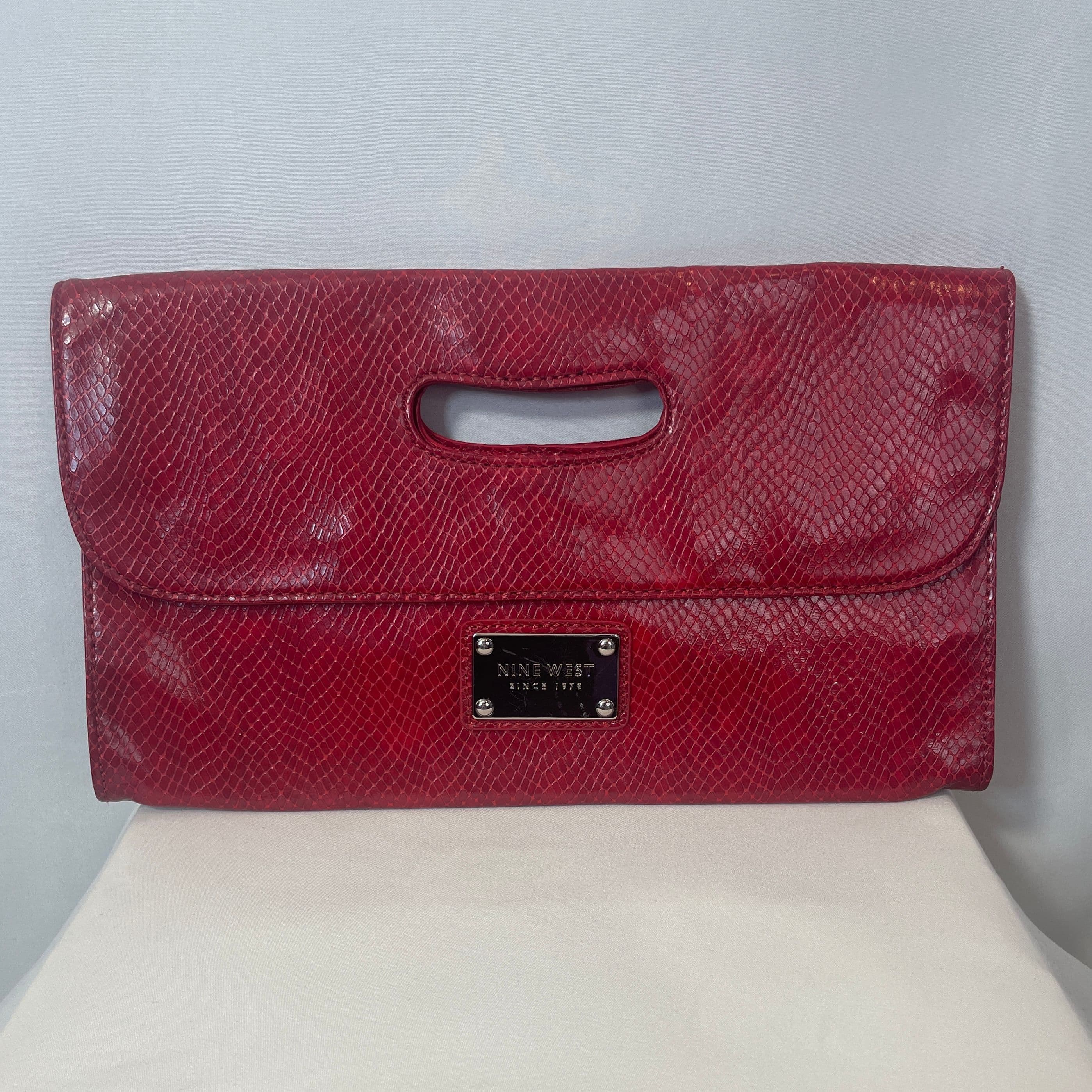 Nine West Red Snakeskin-Embossed Cutout Handle Clutch