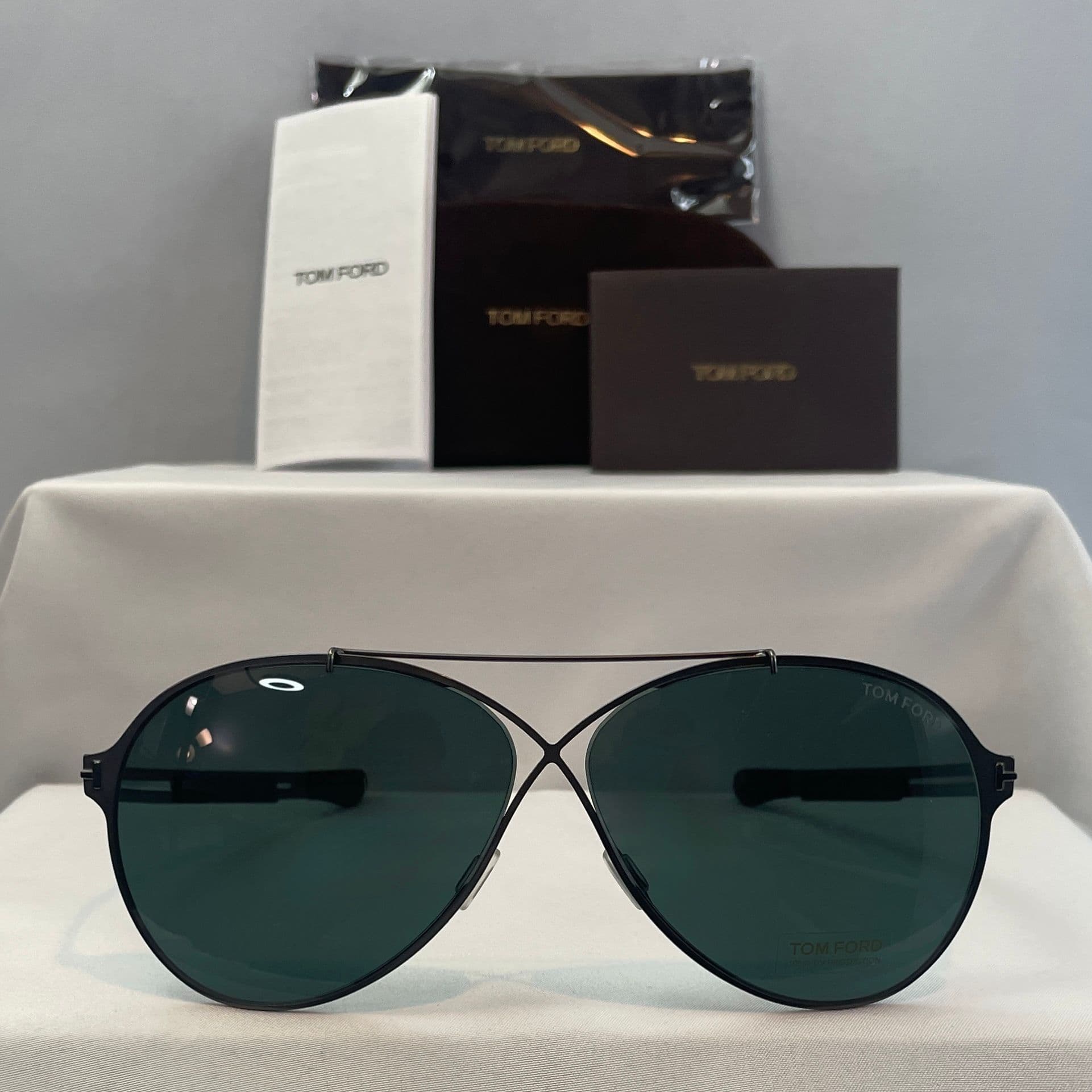 Tom Ford Shiny Ruthenium Pilot Sunglasses with Smoke Green Lenses and Signature X-Bridge Detail