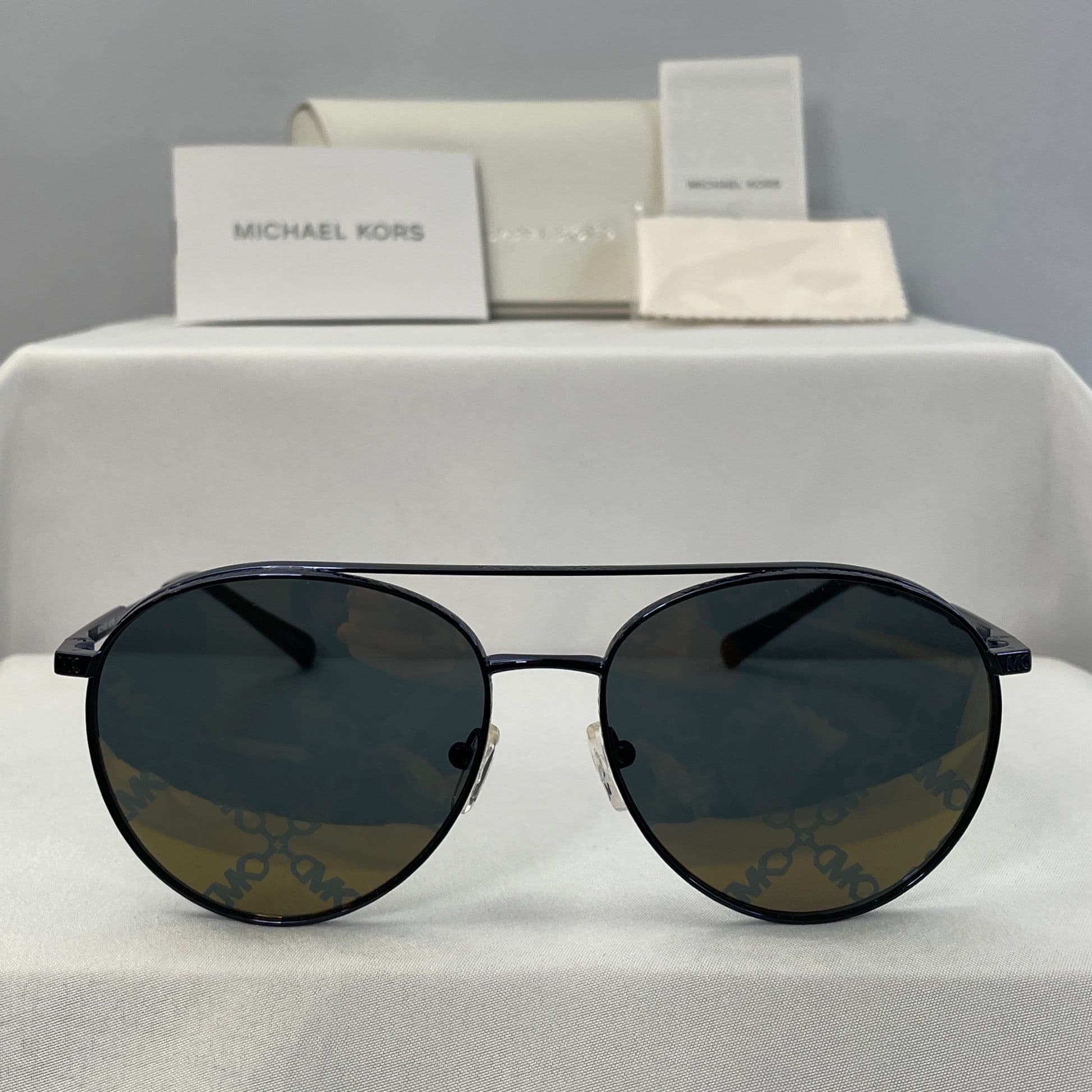 Michael Kors Metallic Blue Aviator Sunglasses with Yellow Mirror Lenses and Etched Rim Detailing