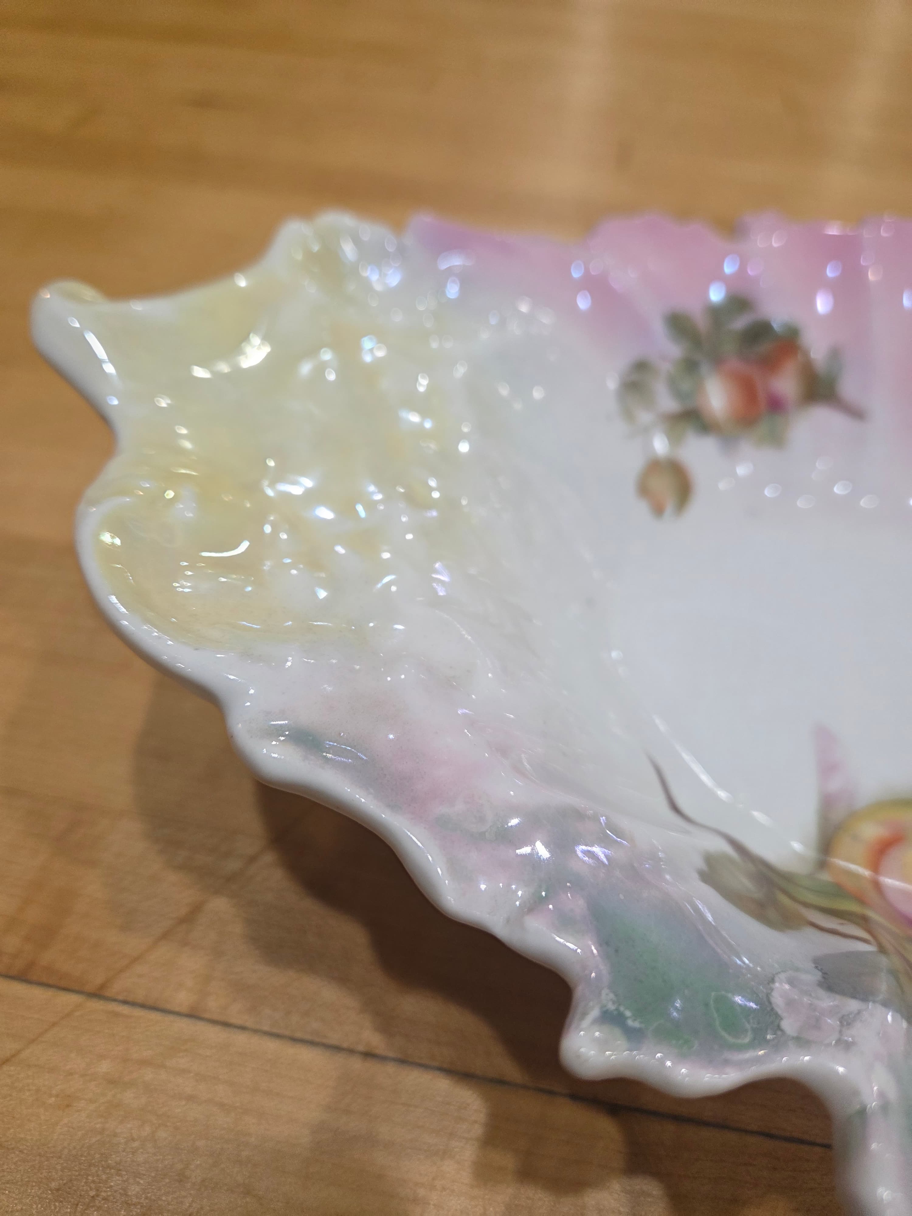 Antique RS Prussia Style Peaches Lustre Leaf Shaped Serving Bowl 12" - Thumbnail 3