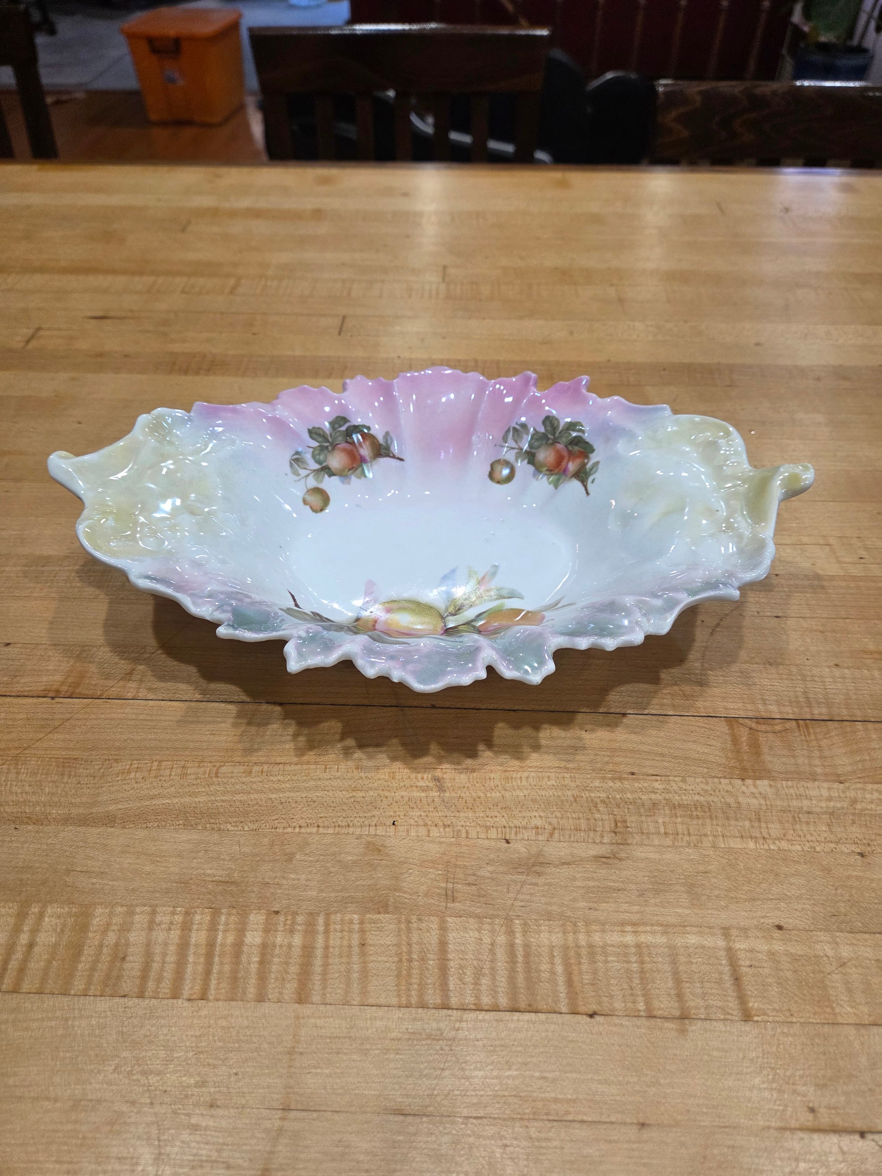 Antique RS Prussia Style Peaches Lustre Leaf Shaped Serving Bowl 12"