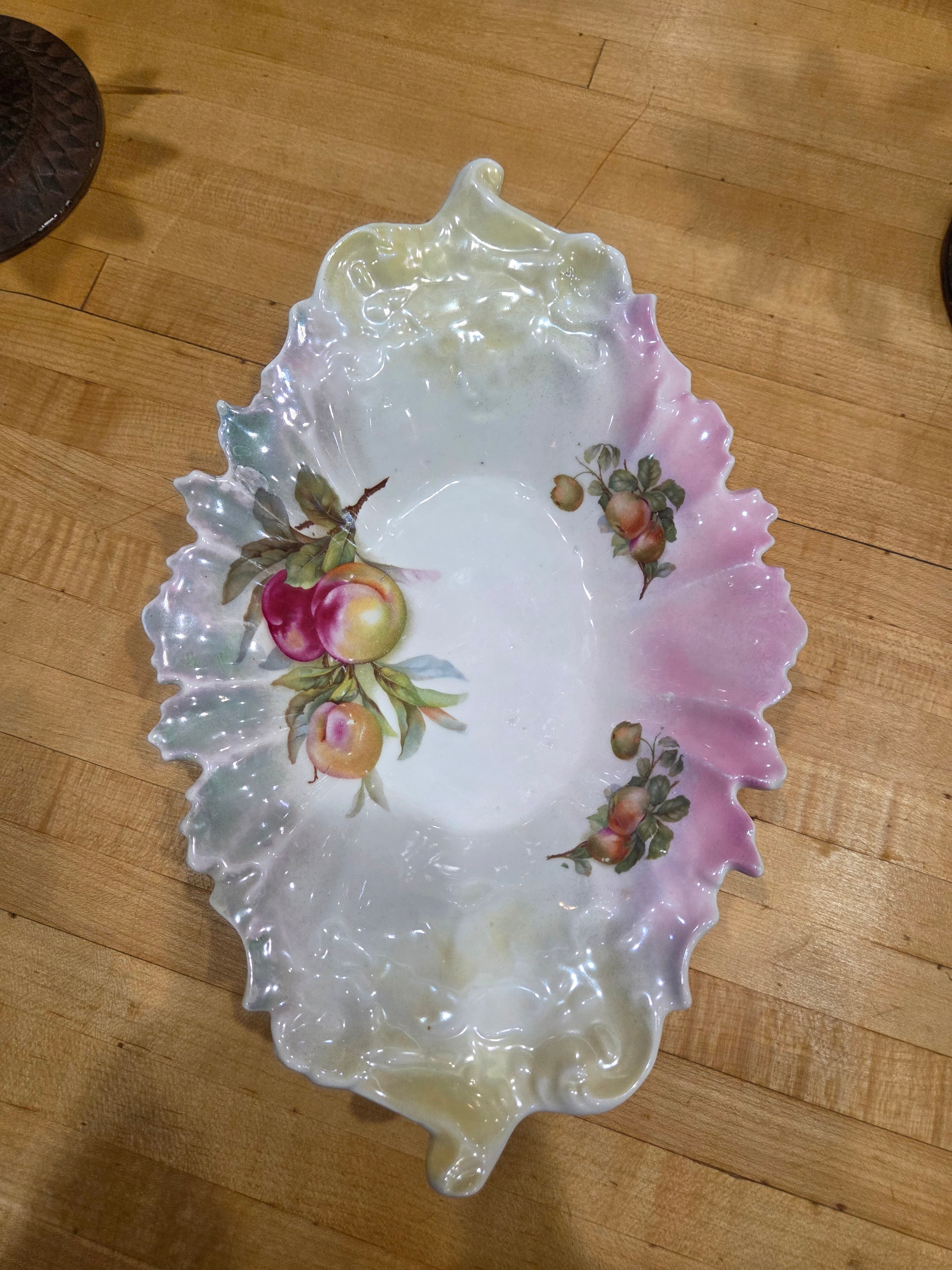 Antique RS Prussia Style Peaches Lustre Leaf Shaped Serving Bowl 12" - Thumbnail 2