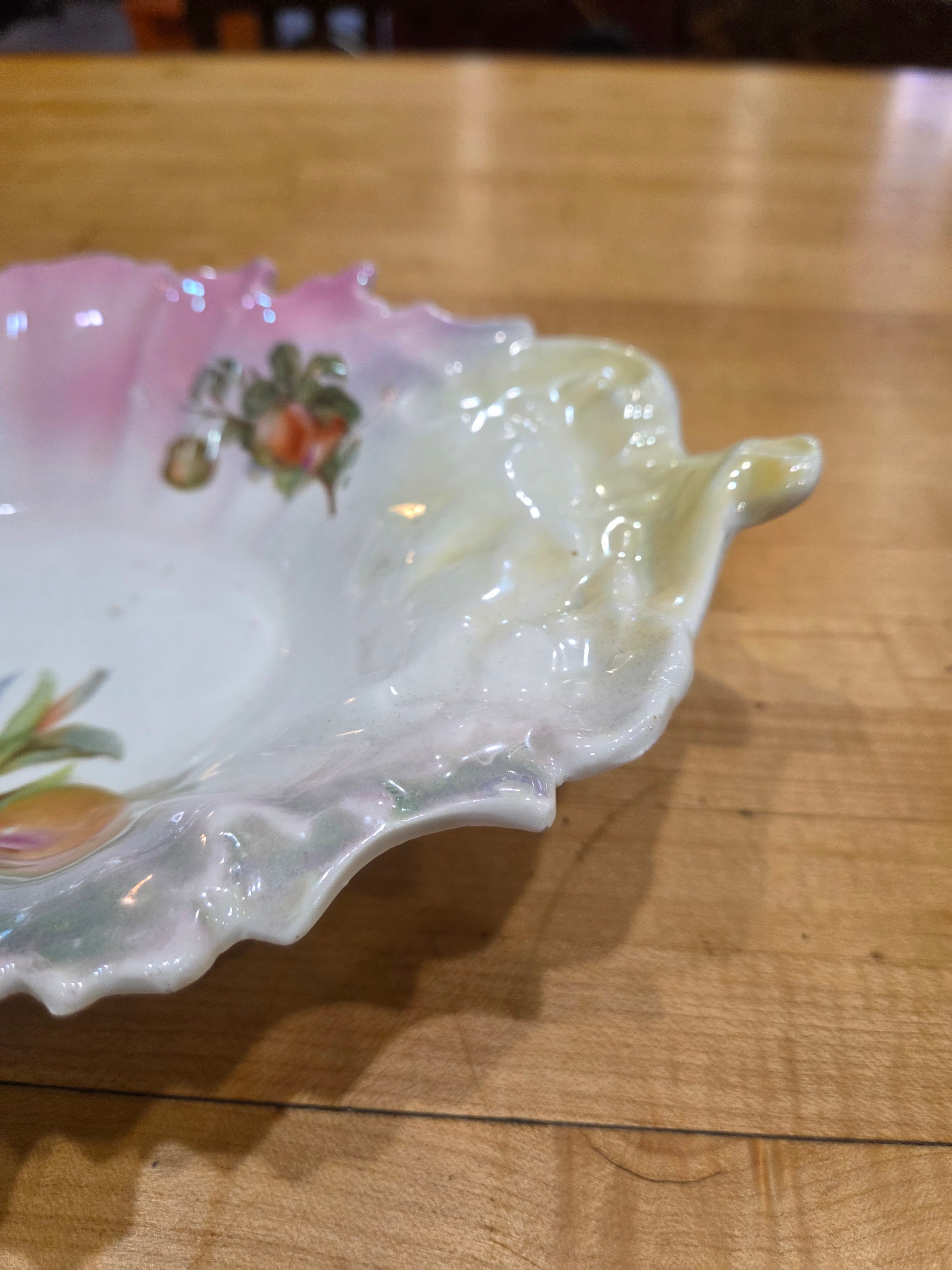 Antique RS Prussia Style Peaches Lustre Leaf Shaped Serving Bowl 12" - Thumbnail 4