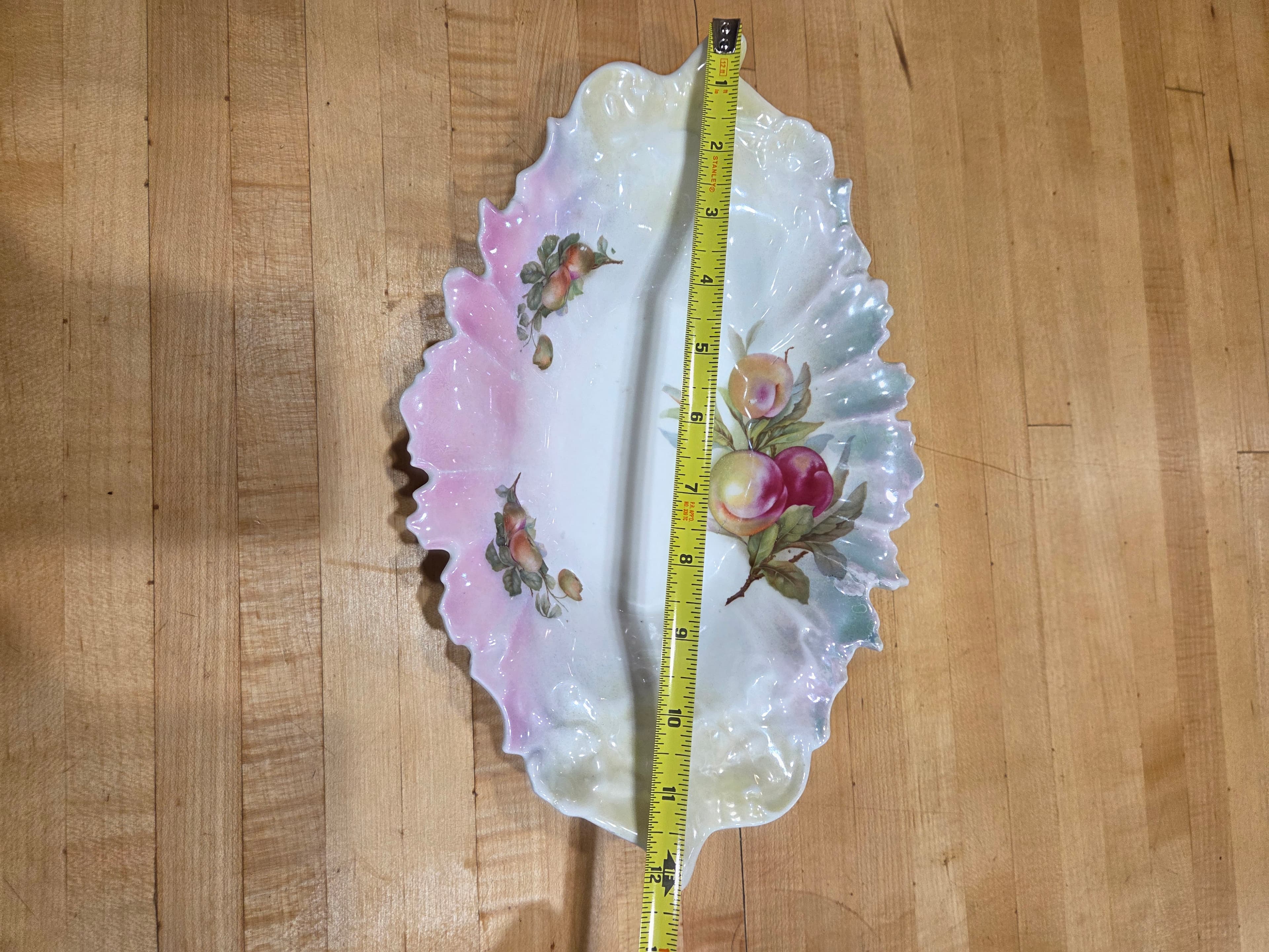 Antique RS Prussia Style Peaches Lustre Leaf Shaped Serving Bowl 12" - Thumbnail 6