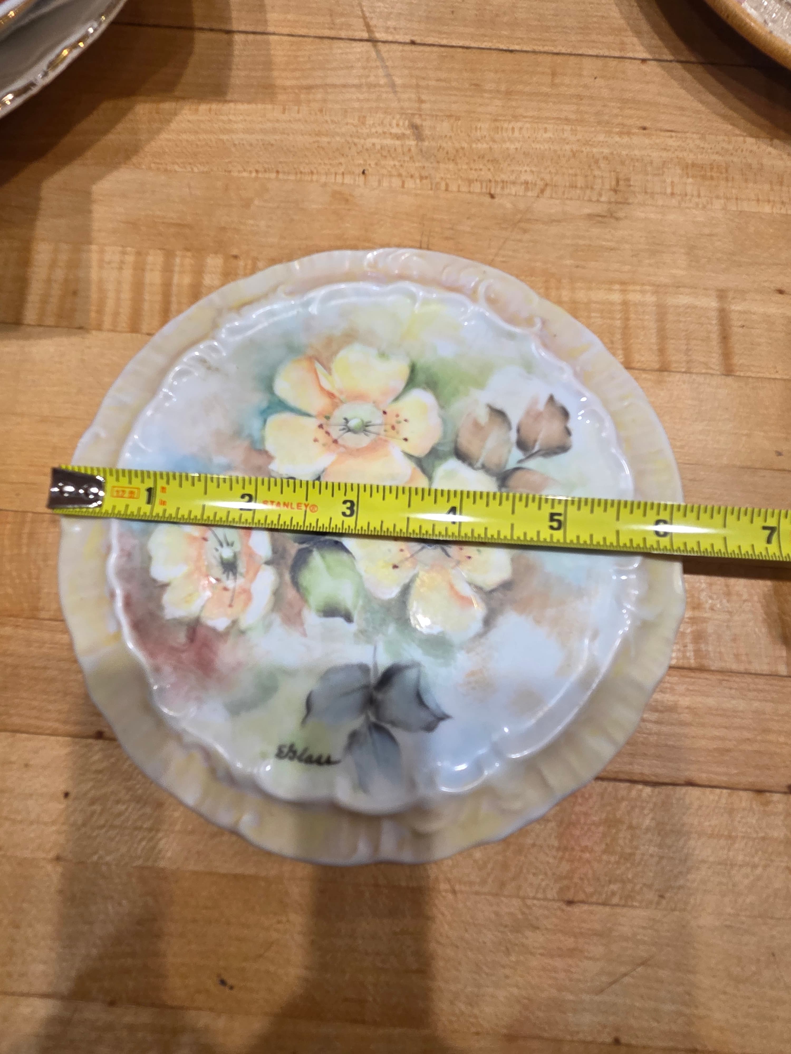 Vintage Hand Painted Yellow Roses Porcelain Plate Signed E Bliss 6 Inch - Thumbnail 3