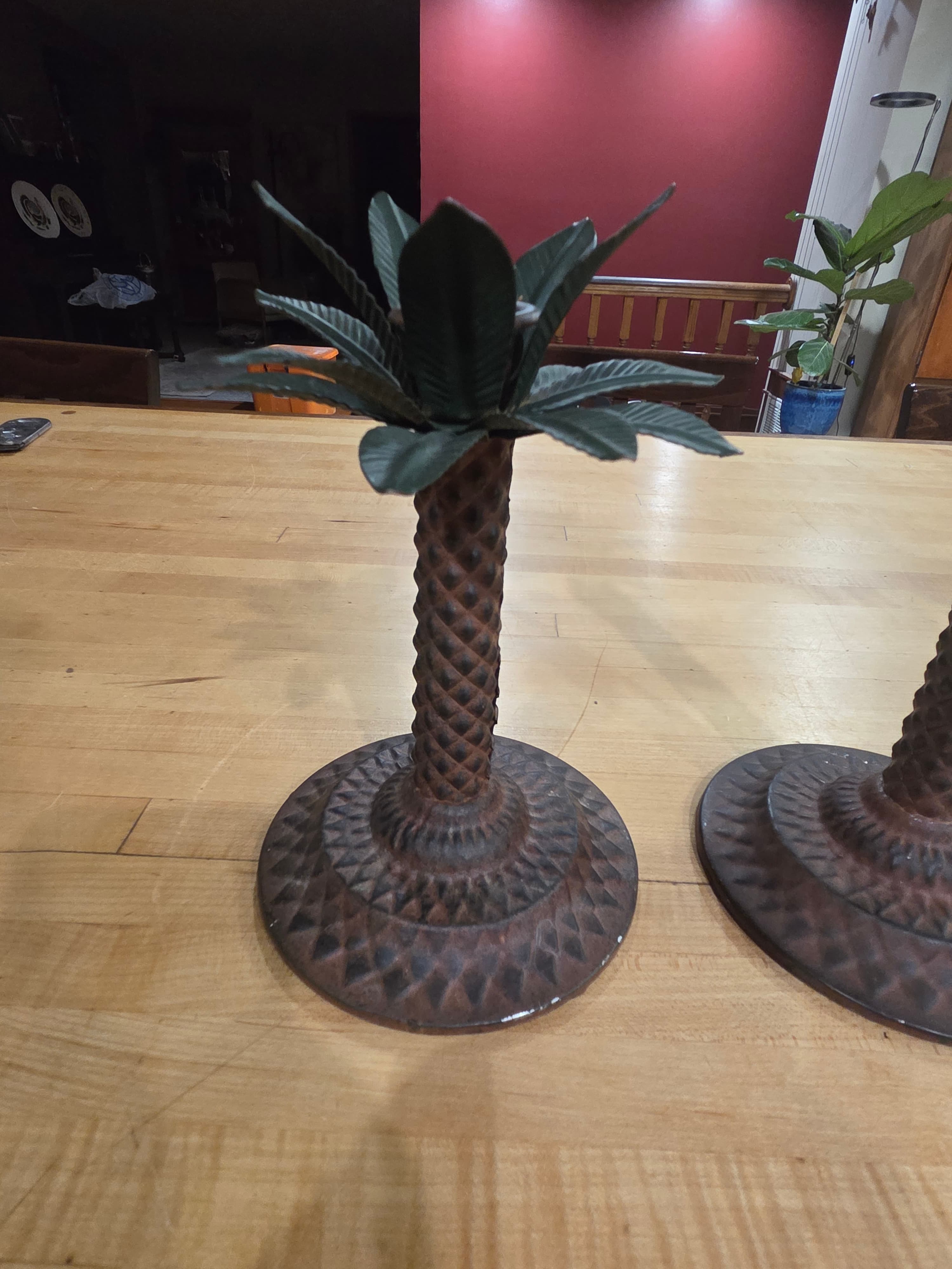 Vintage Brass Palm Tree Candlestick Holders Staggered Pair 2 - Thumbnail 2