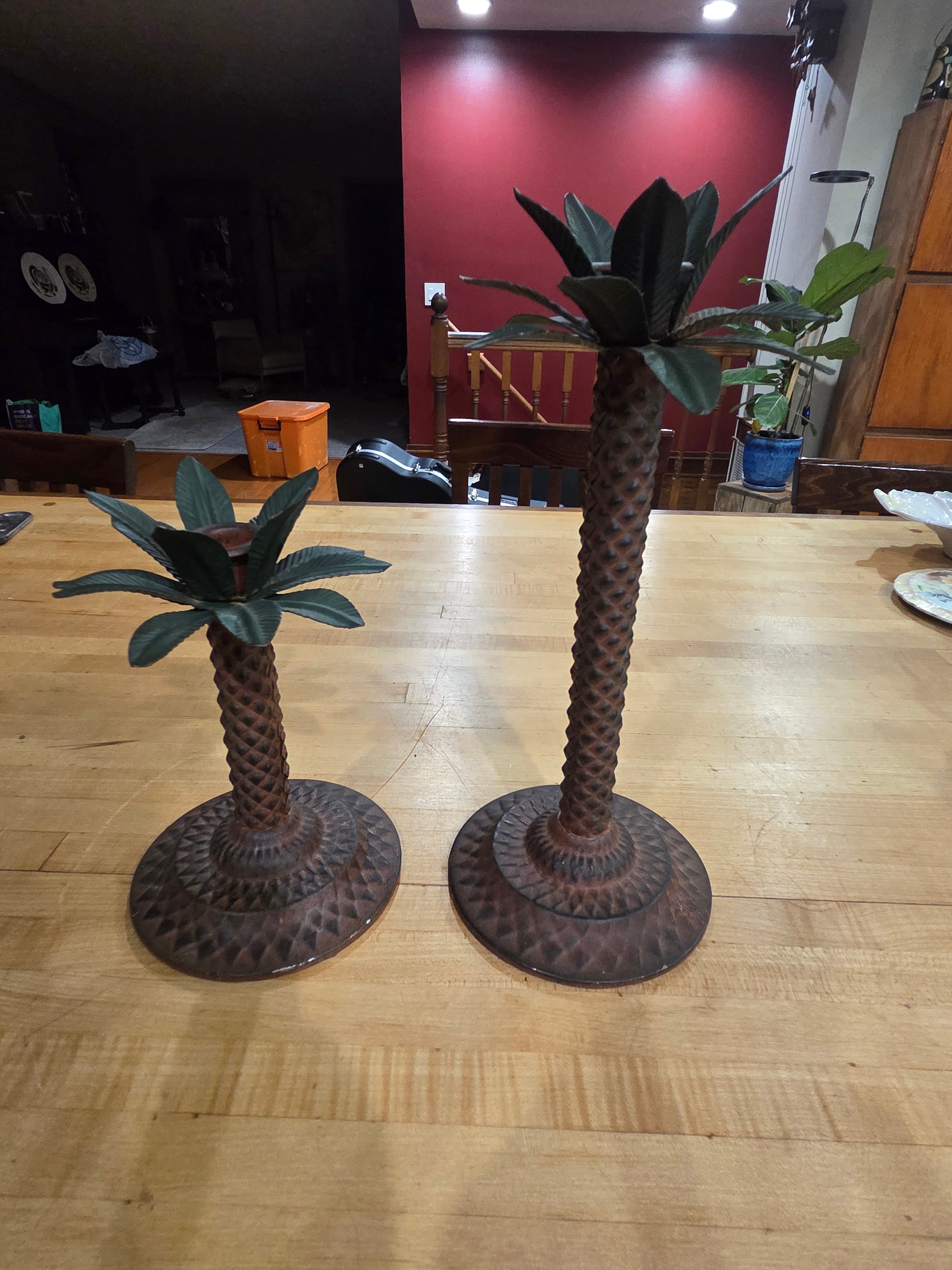 Vintage Brass Palm Tree Candlestick Holders Staggered Pair 2