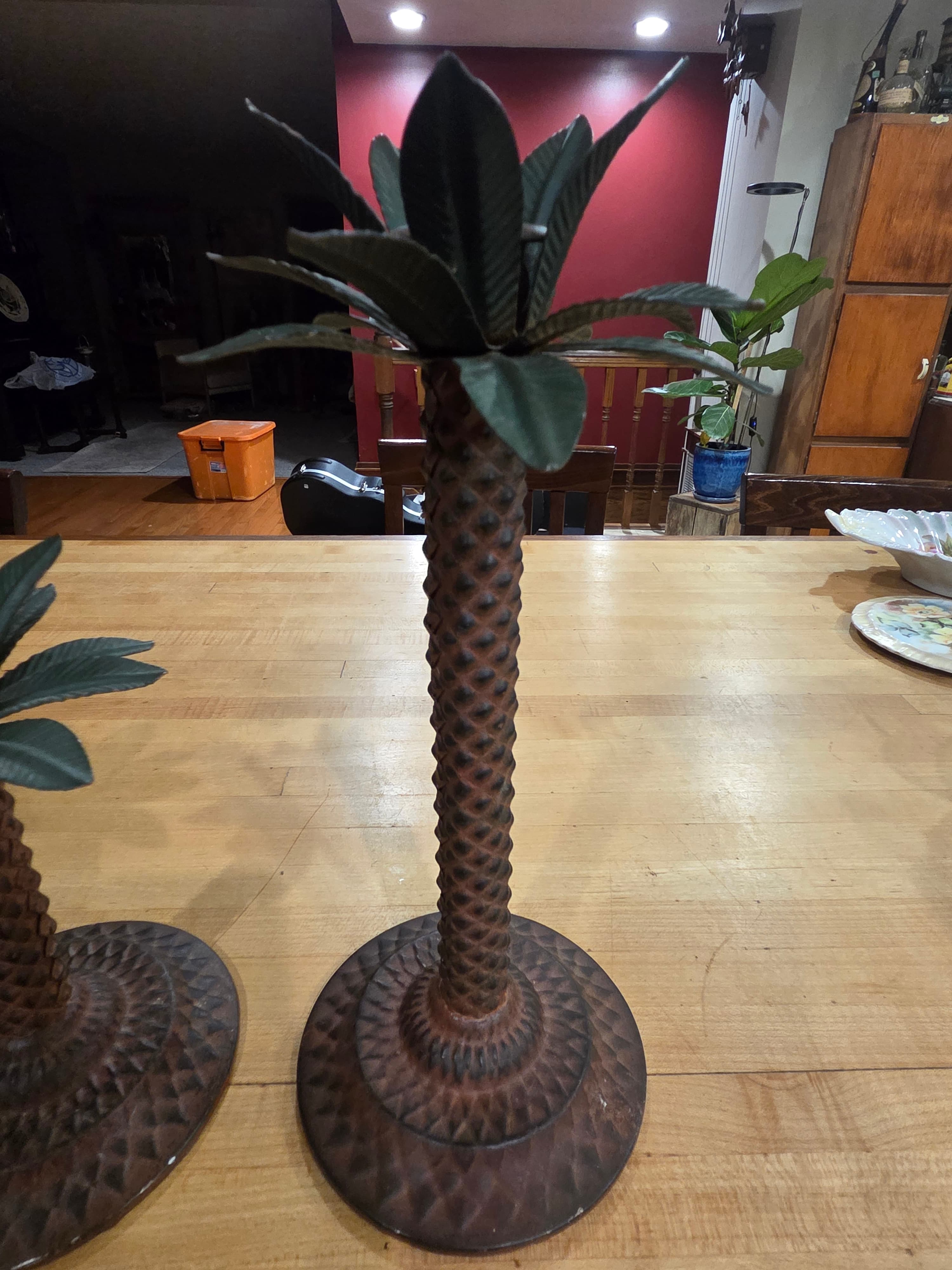 Vintage Brass Palm Tree Candlestick Holders Staggered Pair 2 - Thumbnail 3