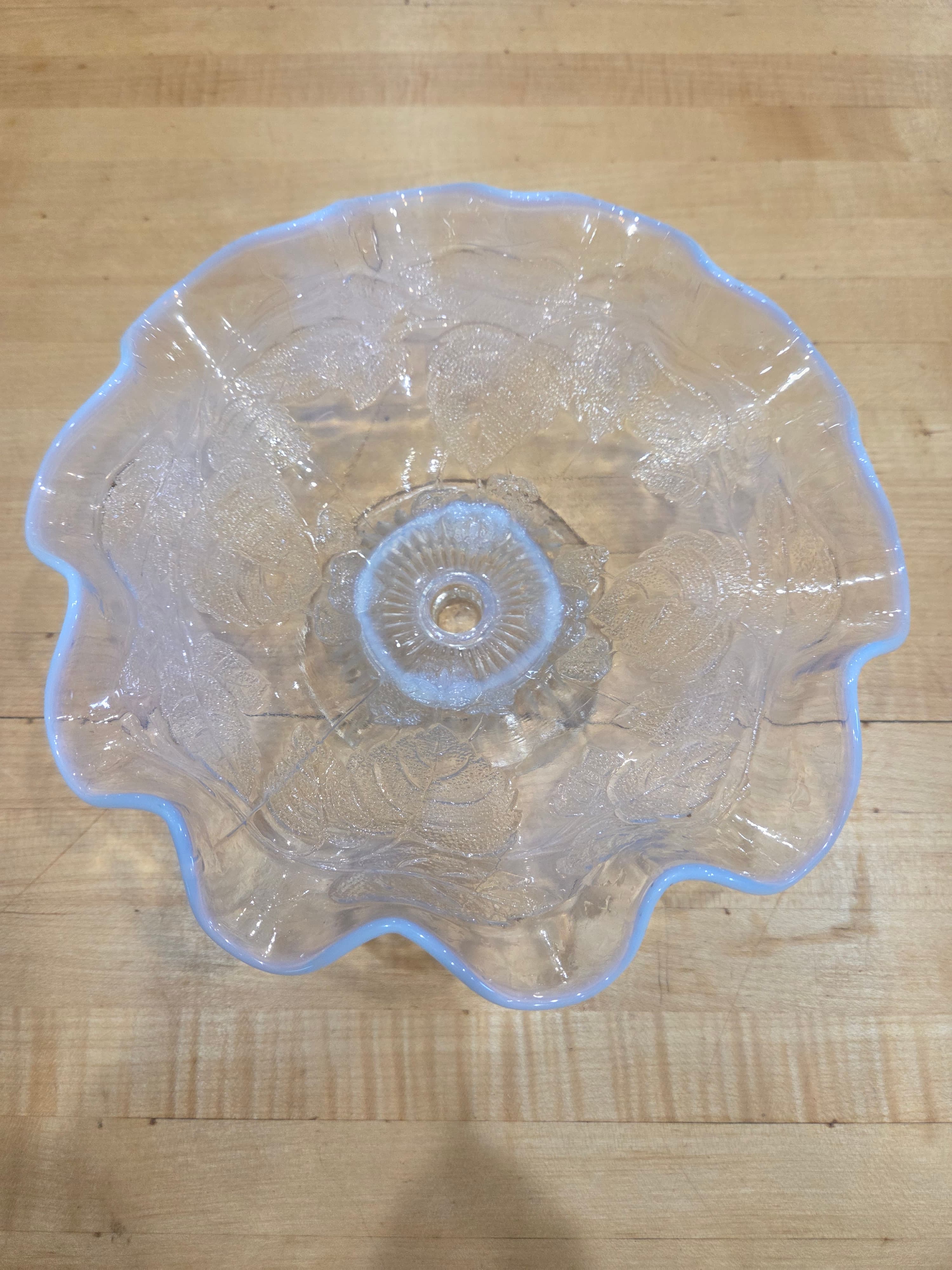 Antique Fenton Blackberry Spray White Opalescent Ruffled Pedestal Bowl - Thumbnail 2