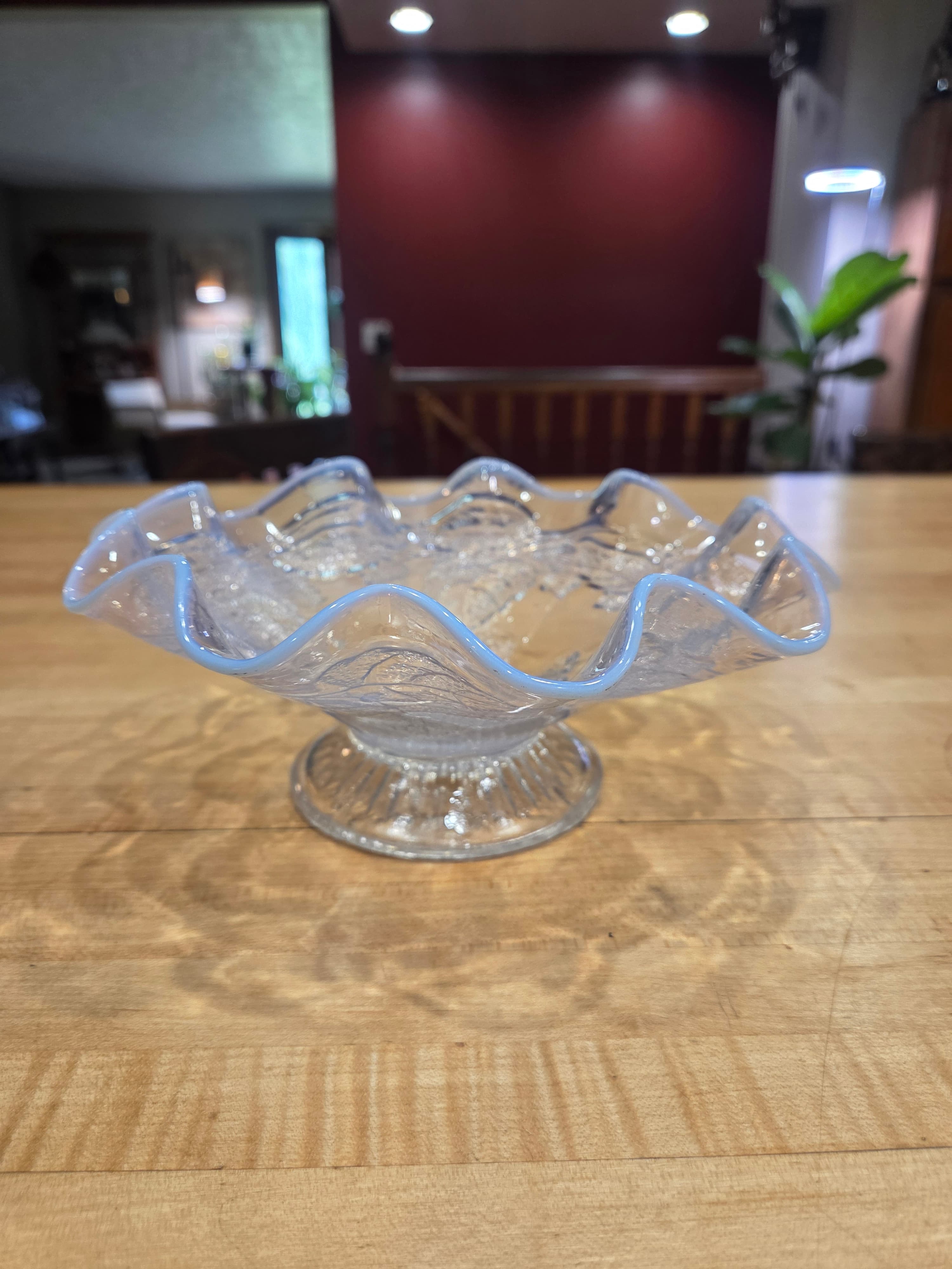 Antique Fenton Blackberry Spray White Opalescent Ruffled Pedestal Bowl