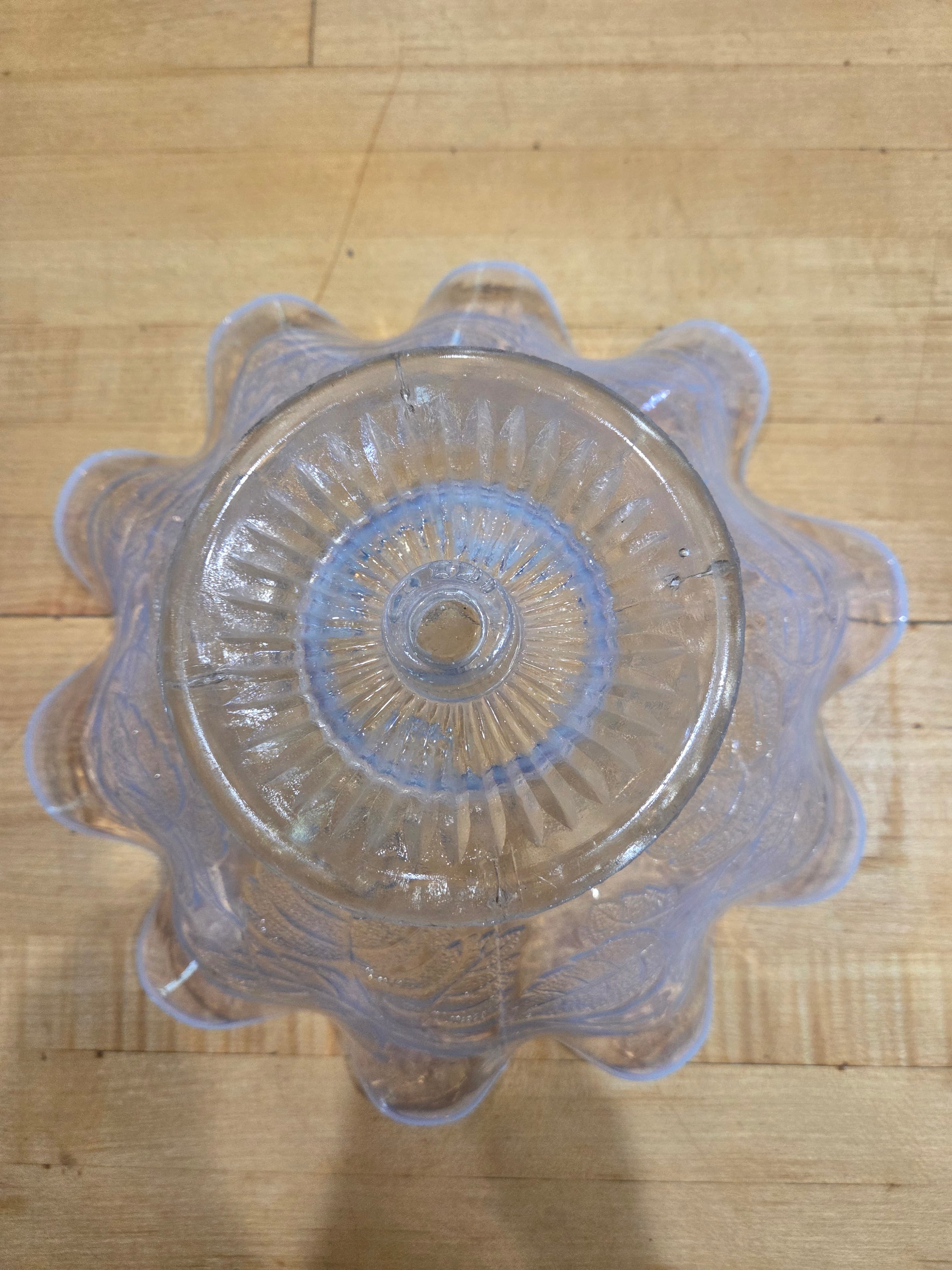 Antique Fenton Blackberry Spray White Opalescent Ruffled Pedestal Bowl - Thumbnail 4