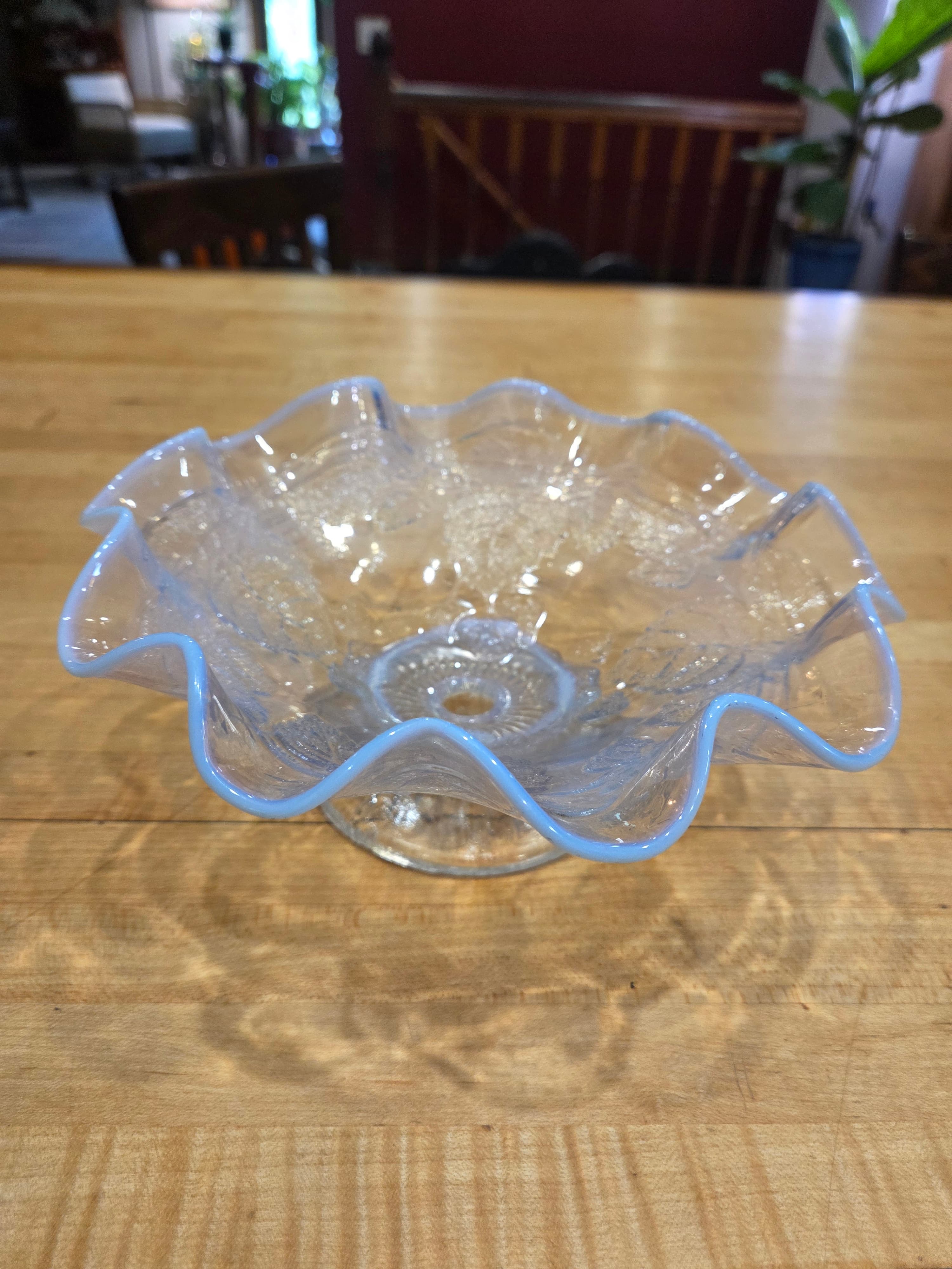 Antique Fenton Blackberry Spray White Opalescent Ruffled Pedestal Bowl - Thumbnail 3