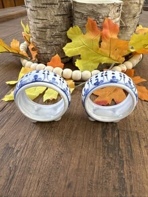 2 Blue & White Chinoiserie & 2 Blue Heart Napkin Rings Country Farmhouse - Thumbnail 3