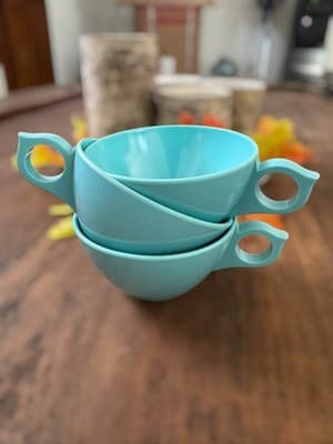 4 MCM Aqua Blue Melamine Stackable Coffee Tea Cups Mugs - Thumbnail 6