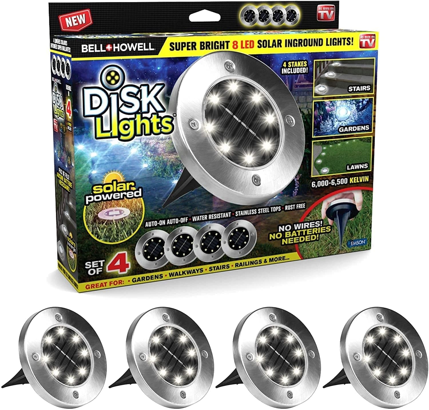 Bell + Howell Solar-Powered Disk Lights - Outdoor Path Lights with 8 LED Bulbs  Brushed Steel - 4PK - Thumbnail 4