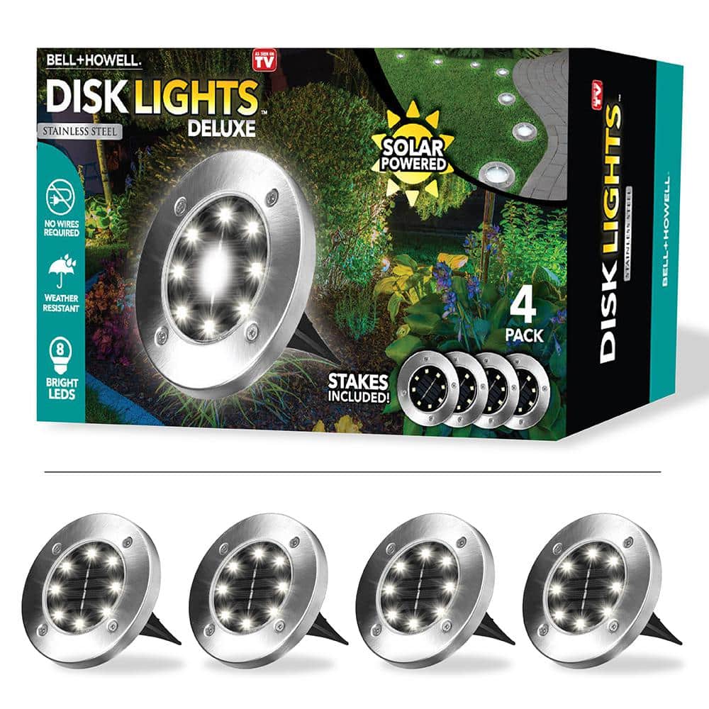 Bell + Howell Solar-Powered Disk Lights - Outdoor Path Lights with 8 LED Bulbs  Brushed Steel - 4PK - Thumbnail 2