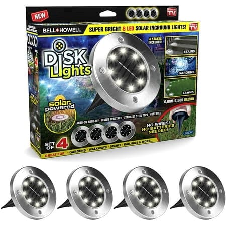 Bell + Howell Solar-Powered Disk Lights - Outdoor Path Lights with 8 LED Bulbs  Brushed Steel - 4PK - Thumbnail 3