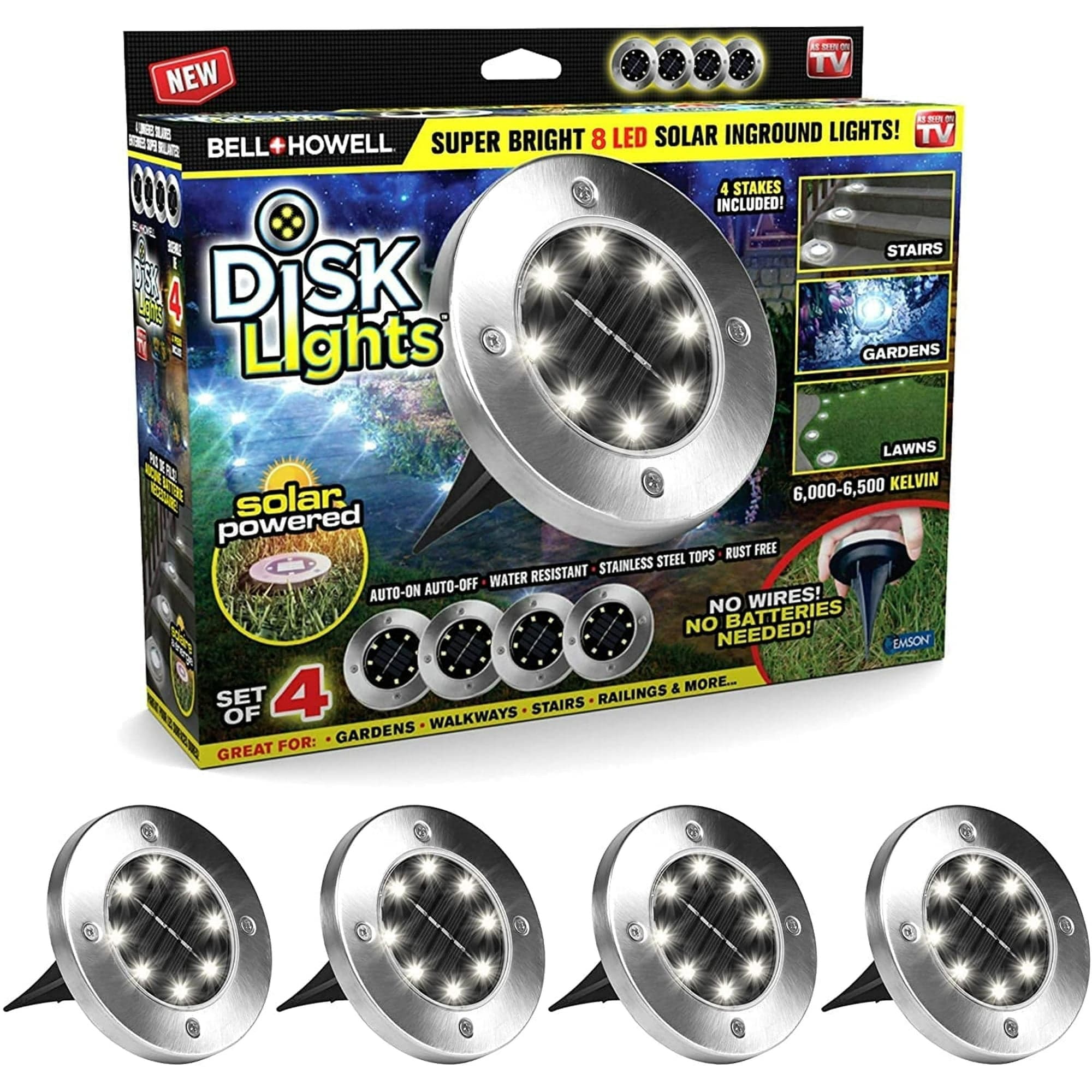 Bell + Howell Solar-Powered Disk Lights - Outdoor Path Lights with 8 LED Bulbs  Brushed Steel - 4PK - Thumbnail 5