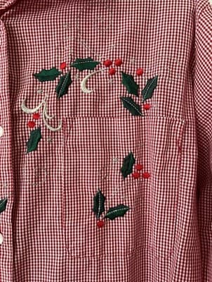 Vintage Karen Scott Women's Gingham Christmas Holly Embroidered Long Sleeve L - Thumbnail 5
