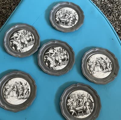 Vintage BMF 95% Zinn Pewter 7" Round German town Plates Set Of 6