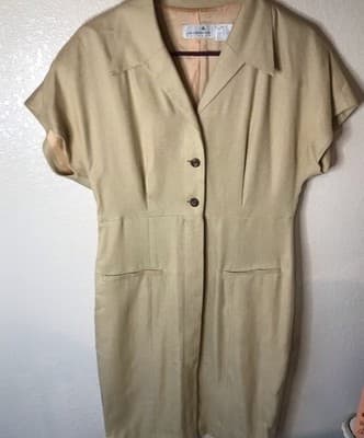 Vintage NWT Liz Claiborne Midi Dress Cap Sleeve Gold-Button Rayon Sand Sz.14