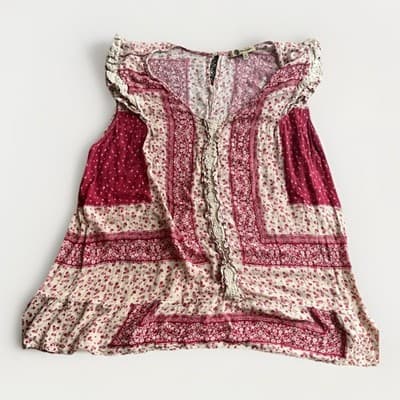 DEMOCRACY Women’s Boho Eyelet Lace Floral Top Blouse Red Size X Large Summer