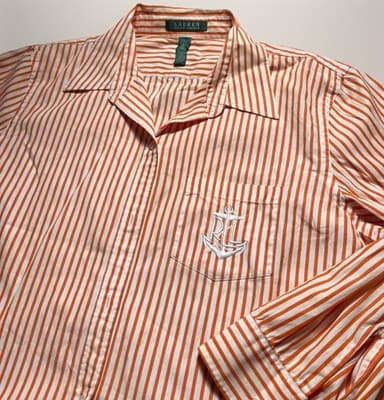RALPH LAUREN 3/4 Sleeve Orange & White Striped Shirt Embroidered XL Anchor Logo - Thumbnail 2