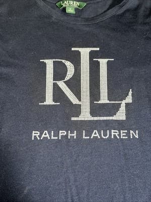 Lauren Ralph Lauren T Shirt Women M Navy Studded Logo Cap Sleeve Top Diamonds - Thumbnail 3