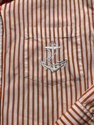 RALPH LAUREN 3/4 Sleeve Orange & White Striped Shirt Embroidered XL Anchor Logo - Thumbnail 4
